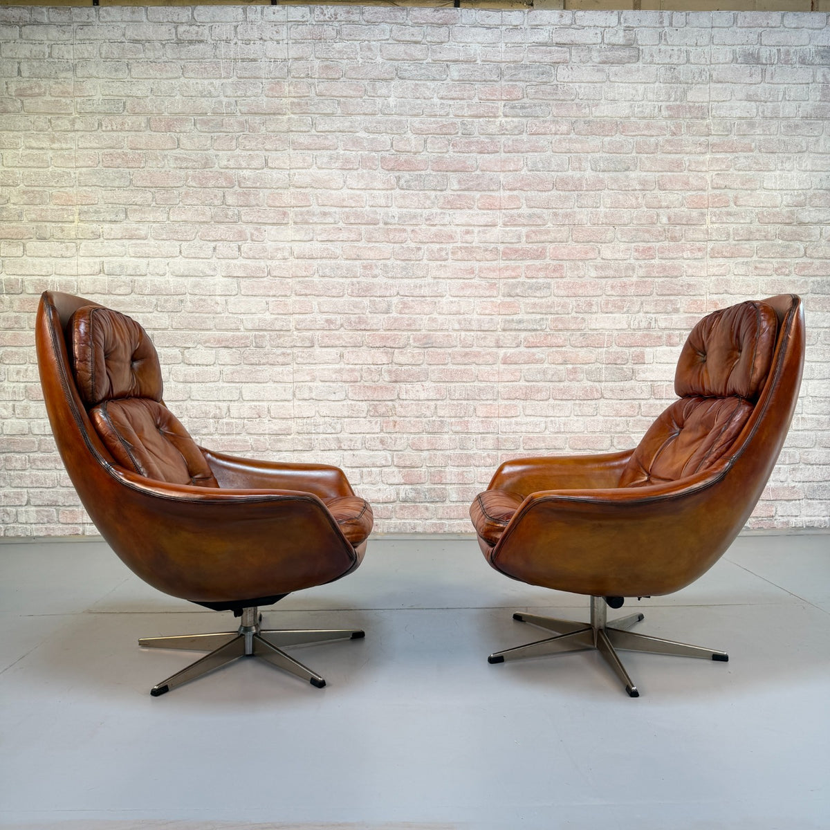 Vintage 1970s H.W. Klein Danish Tan Leather Swivel Egg Chairs & Footstool
