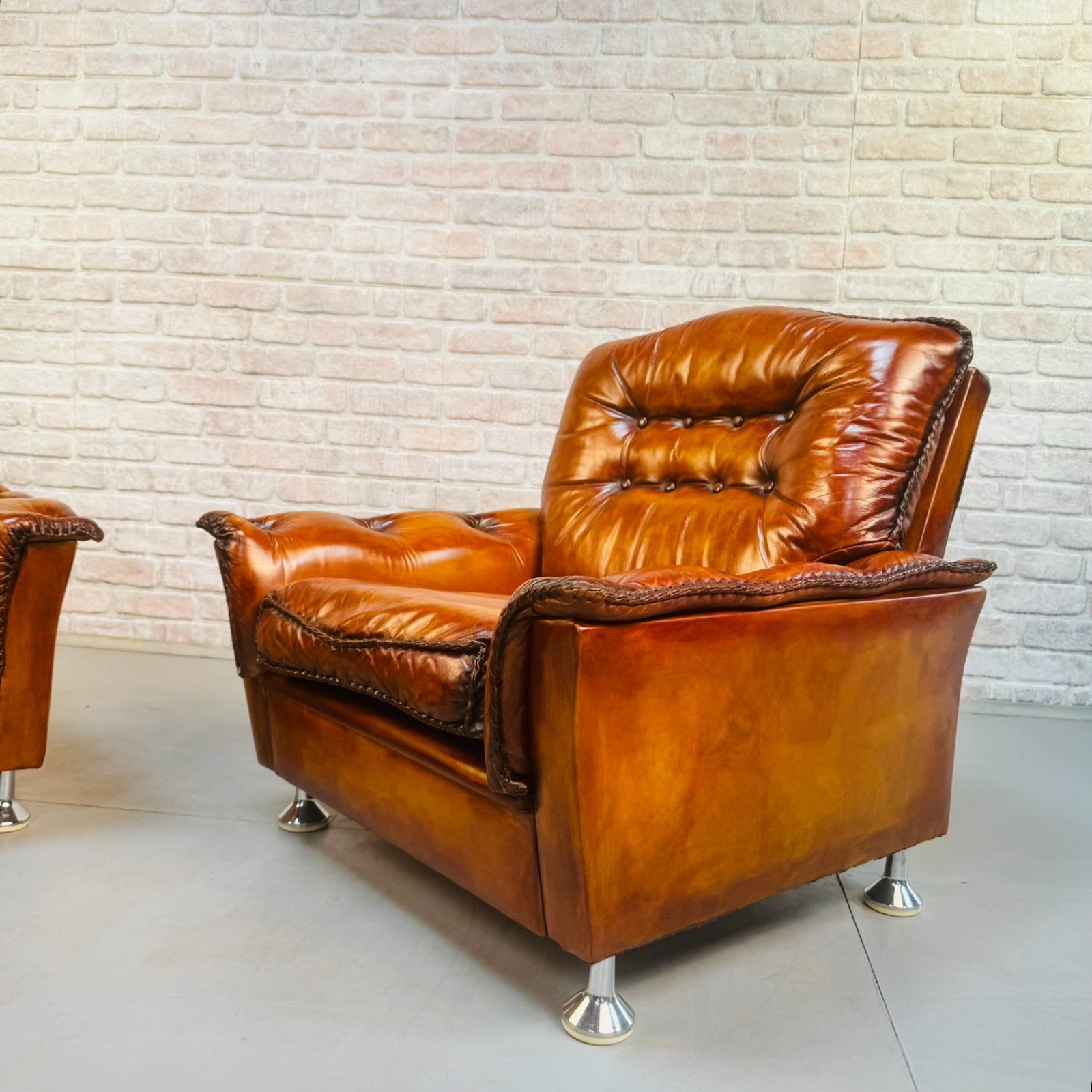 Vintage Danish Pair of Tan Leather Armchairs