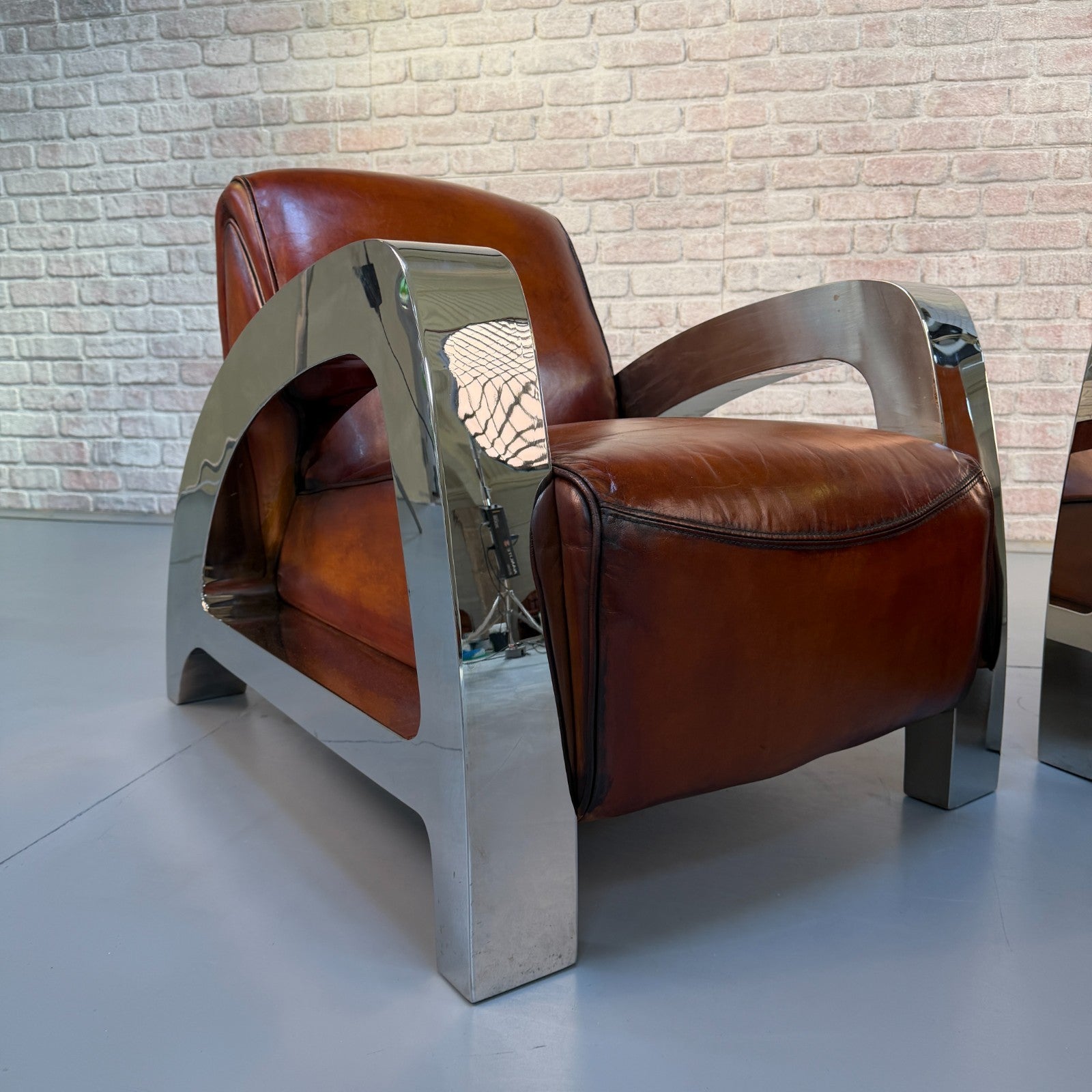 Stunning Pair of Vintage Art Deco Chrome Aviator Heritage Brown Leather Armchair