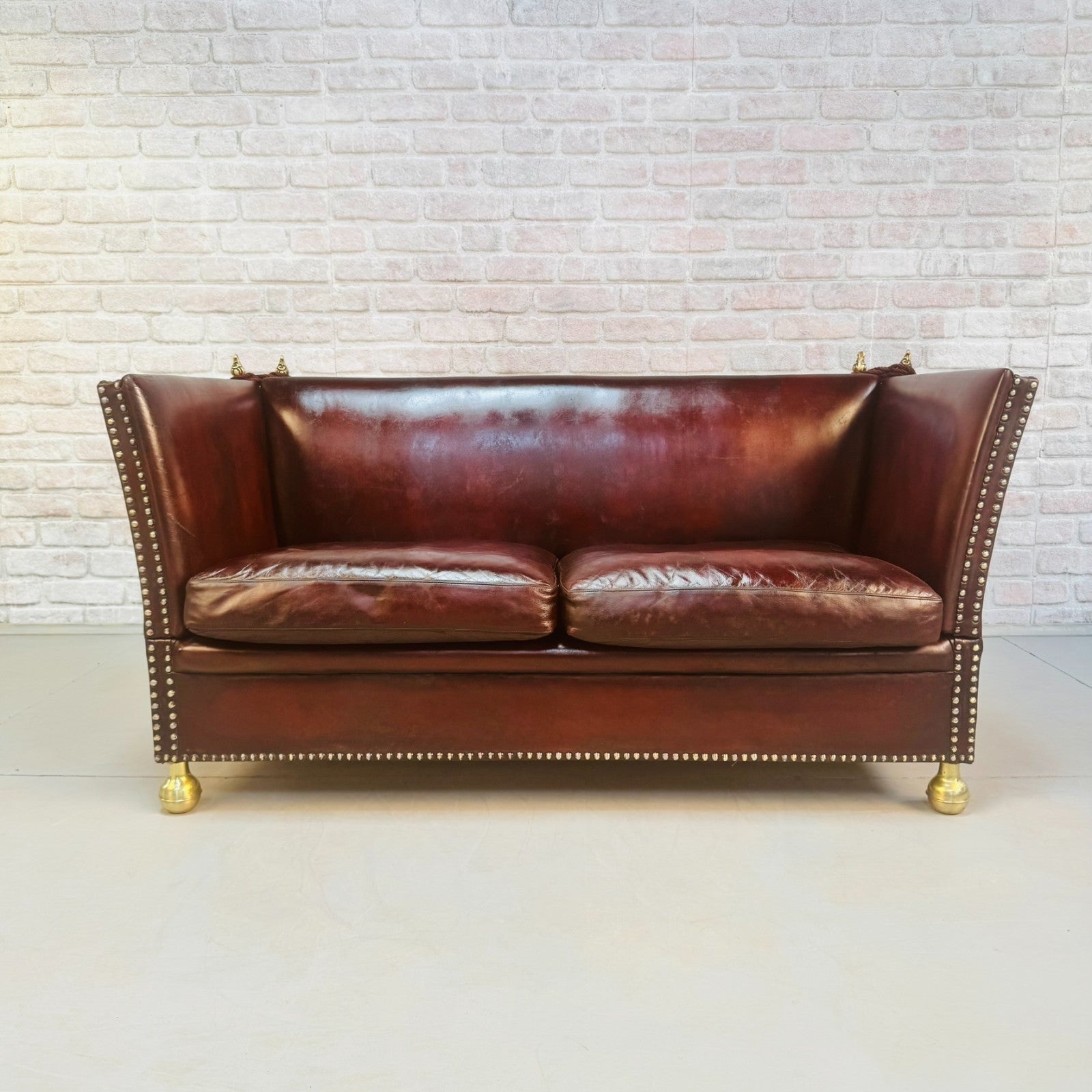 Vintage Danish Knole Style Two Seater Chestnut Brown Leather Sofa