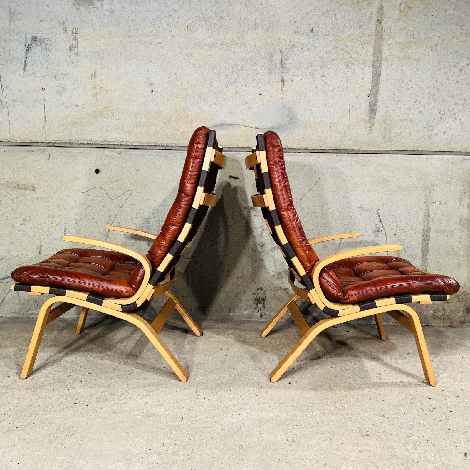 Wide Back Vintage 1970s Danish Cognac Leather Birch Bentwood Pair of Chairs