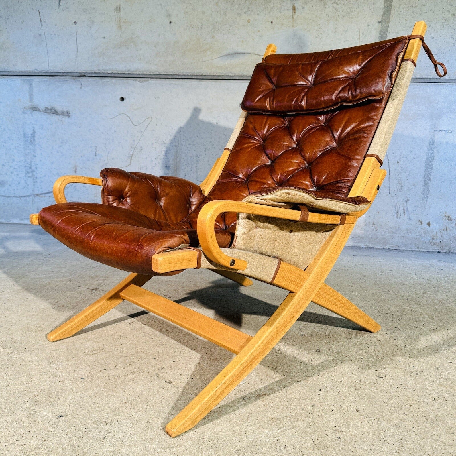 Stylish Swedish 1970s Tan Leather And Canvas Armchair and Footstool