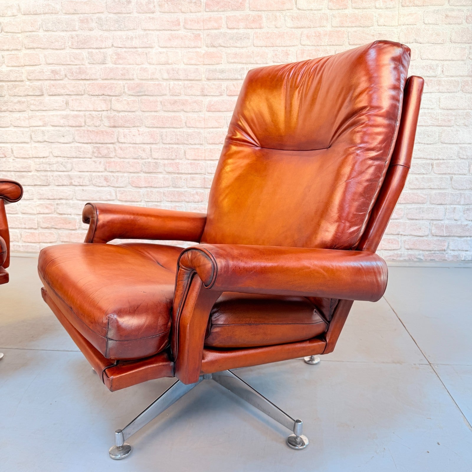 Pair 1970s Howard Keith His & Hers Cognac Leather Swivel Armchairs Vintage