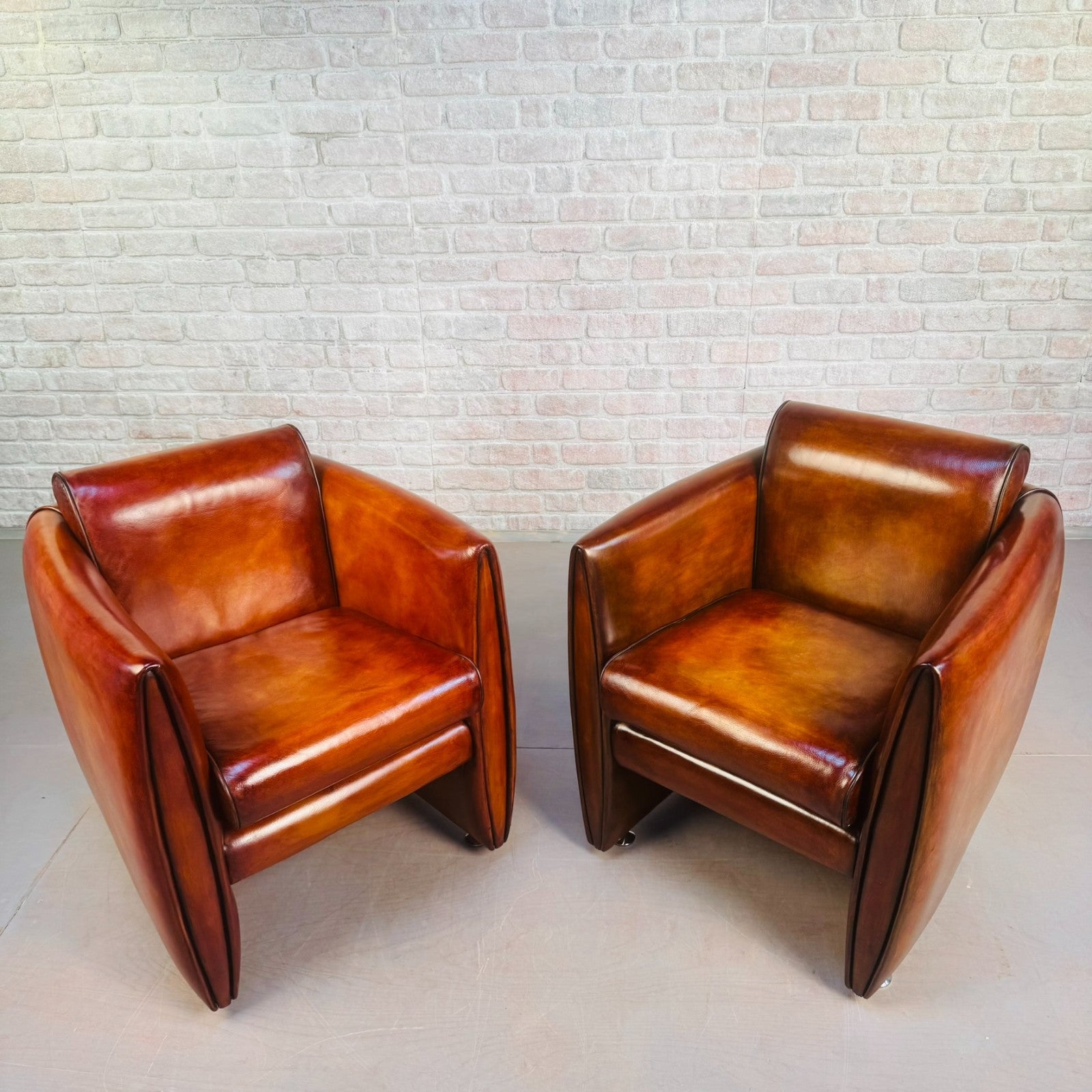 Neat Pair of Contemporary Danish Tan Leather Armchairs – Compact, Comfortable