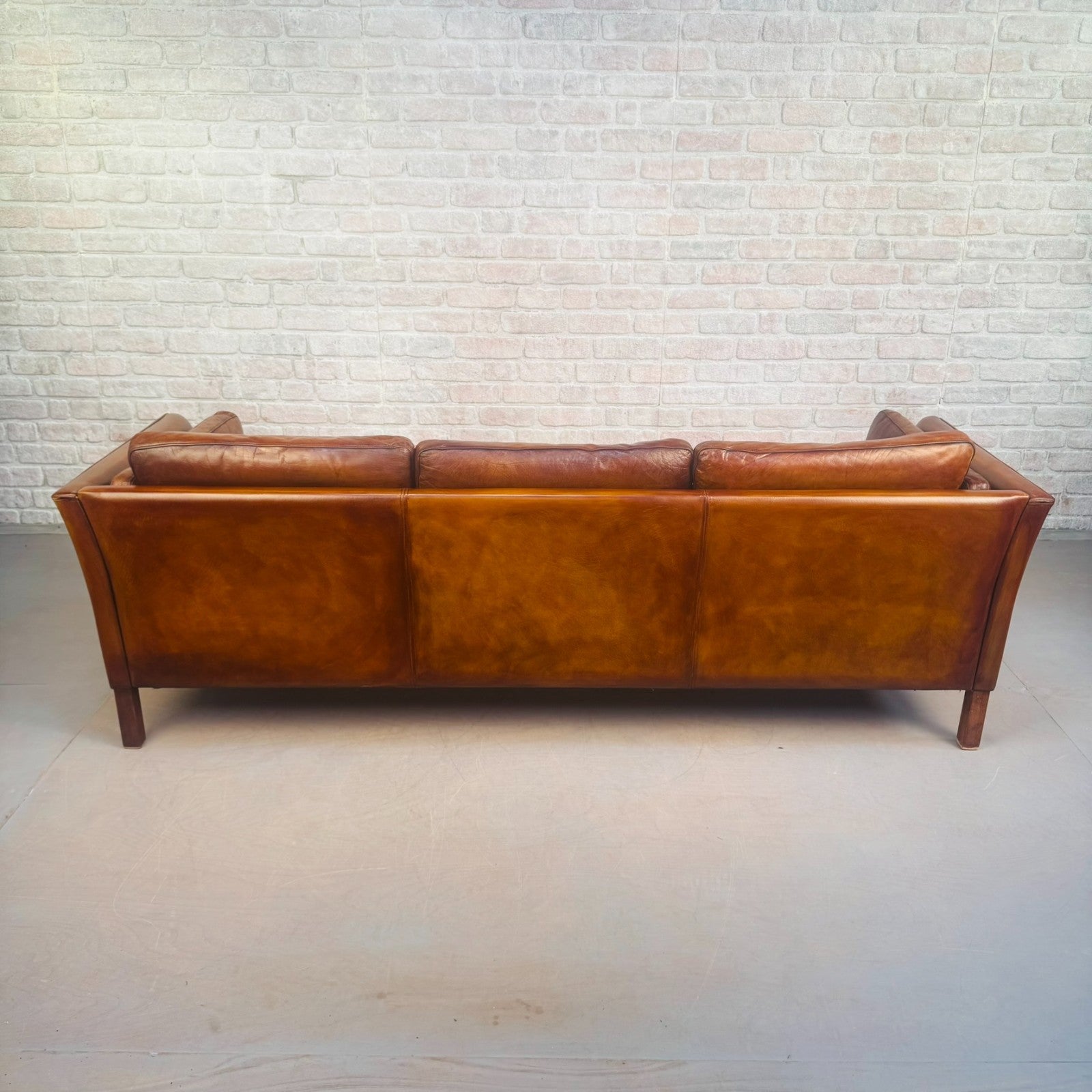 Vintage Long 70s Danish Mogens Hansen Tan Leather 3 Seater Sofa Feather Cushions