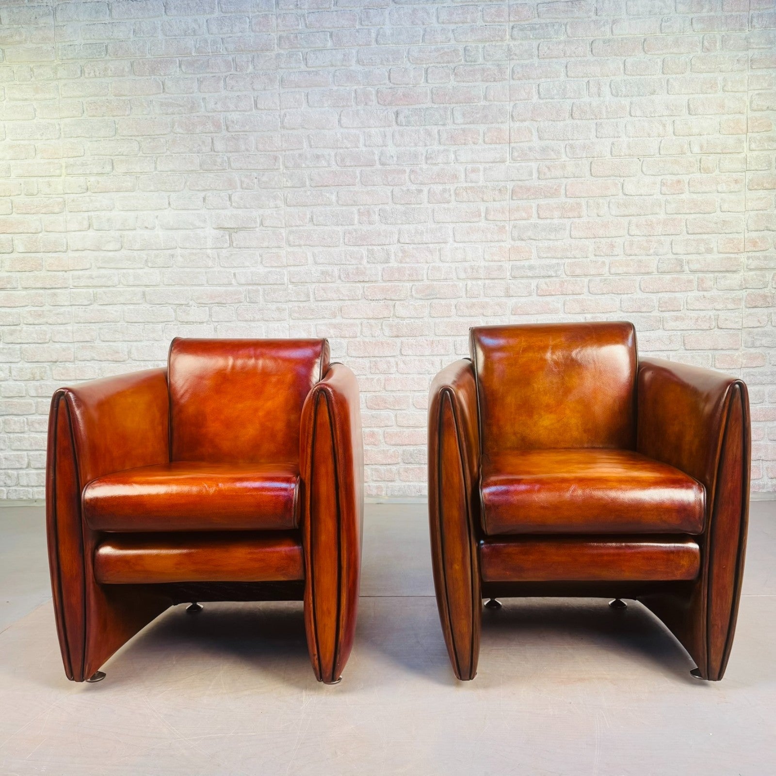 Neat Pair of Contemporary Danish Tan Leather Armchairs – Compact, Comfortable