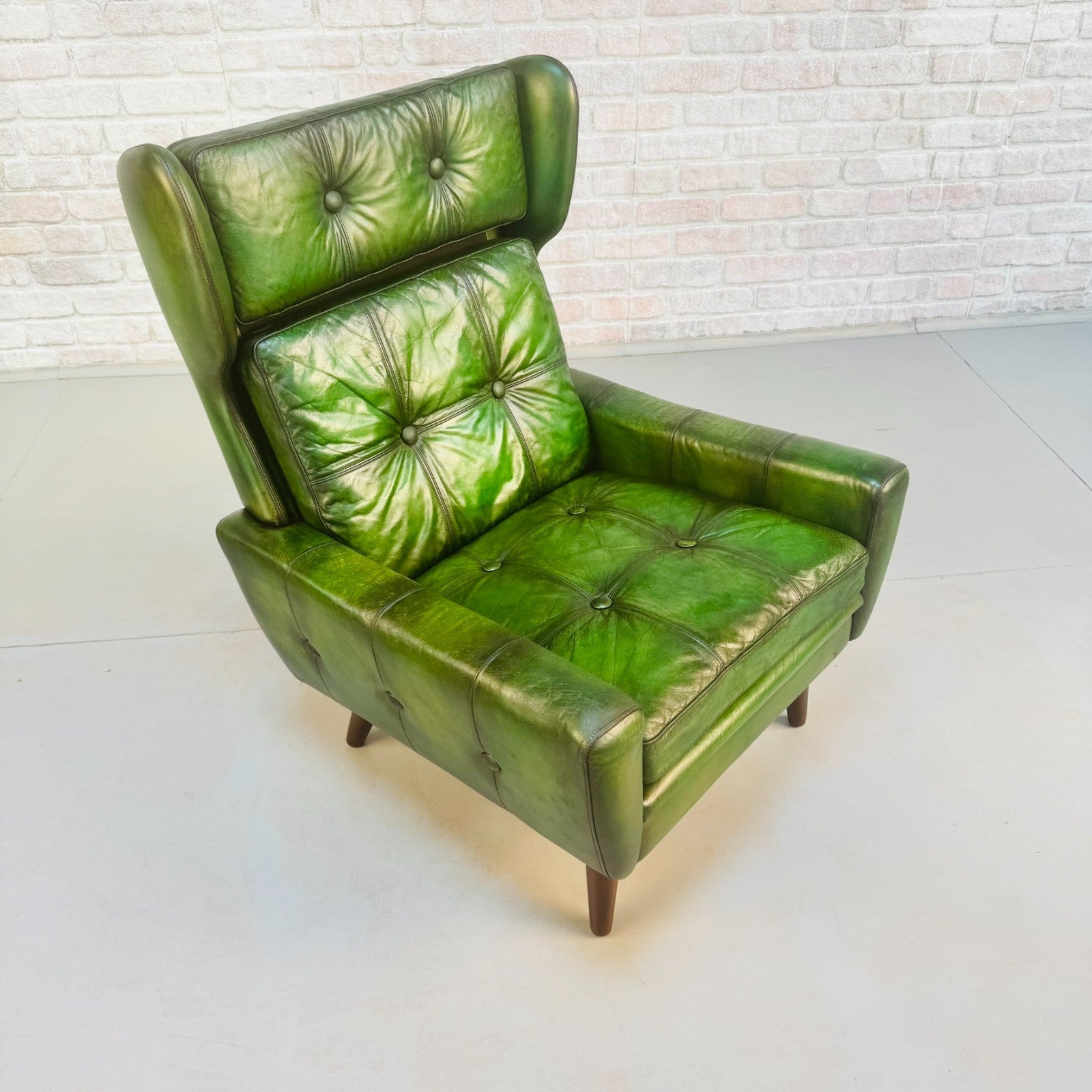 Vintage 1970s Svend Skippers High Back Green Leather Armchair