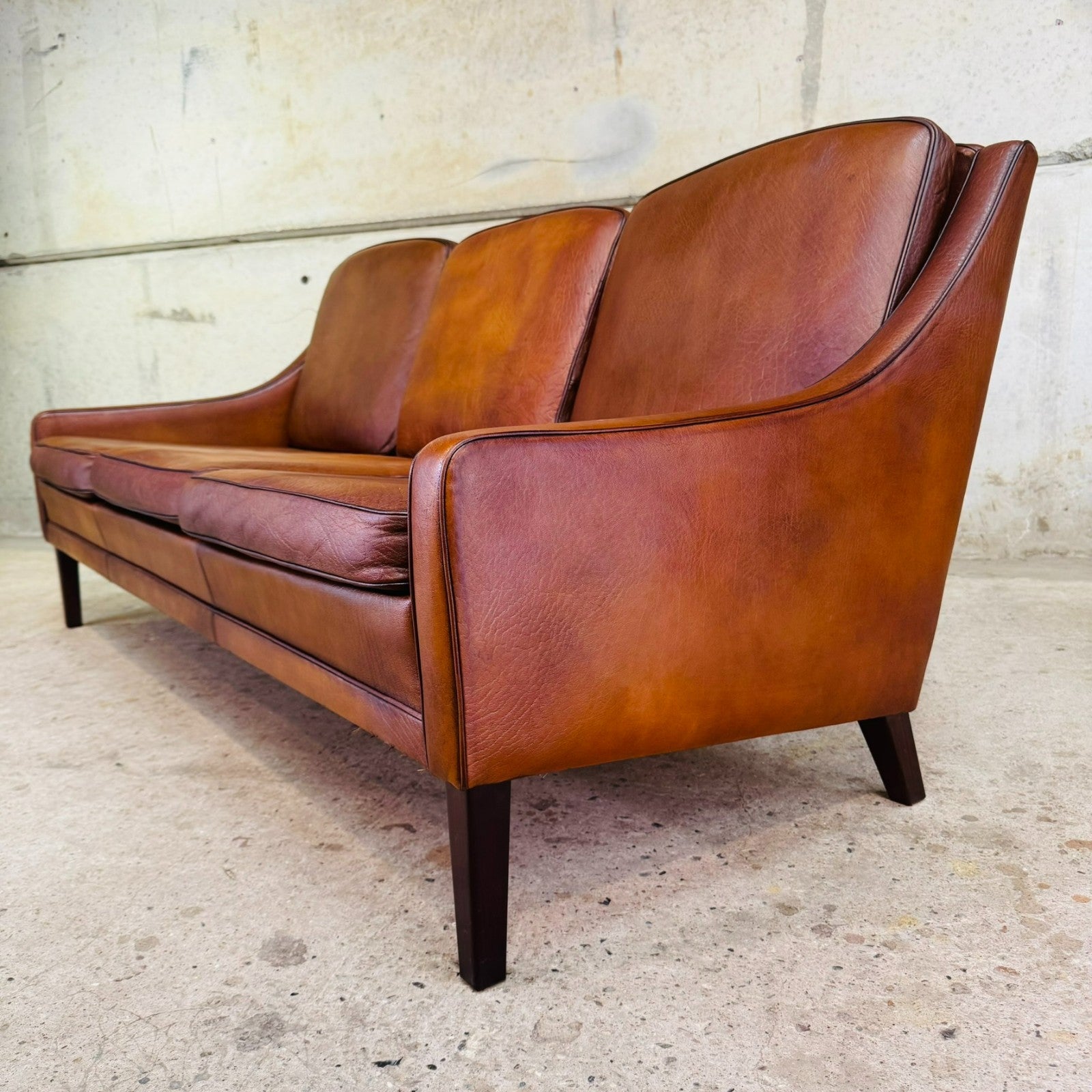 Vintage 1960s Danish Tan Leather Three-Seater Sofa