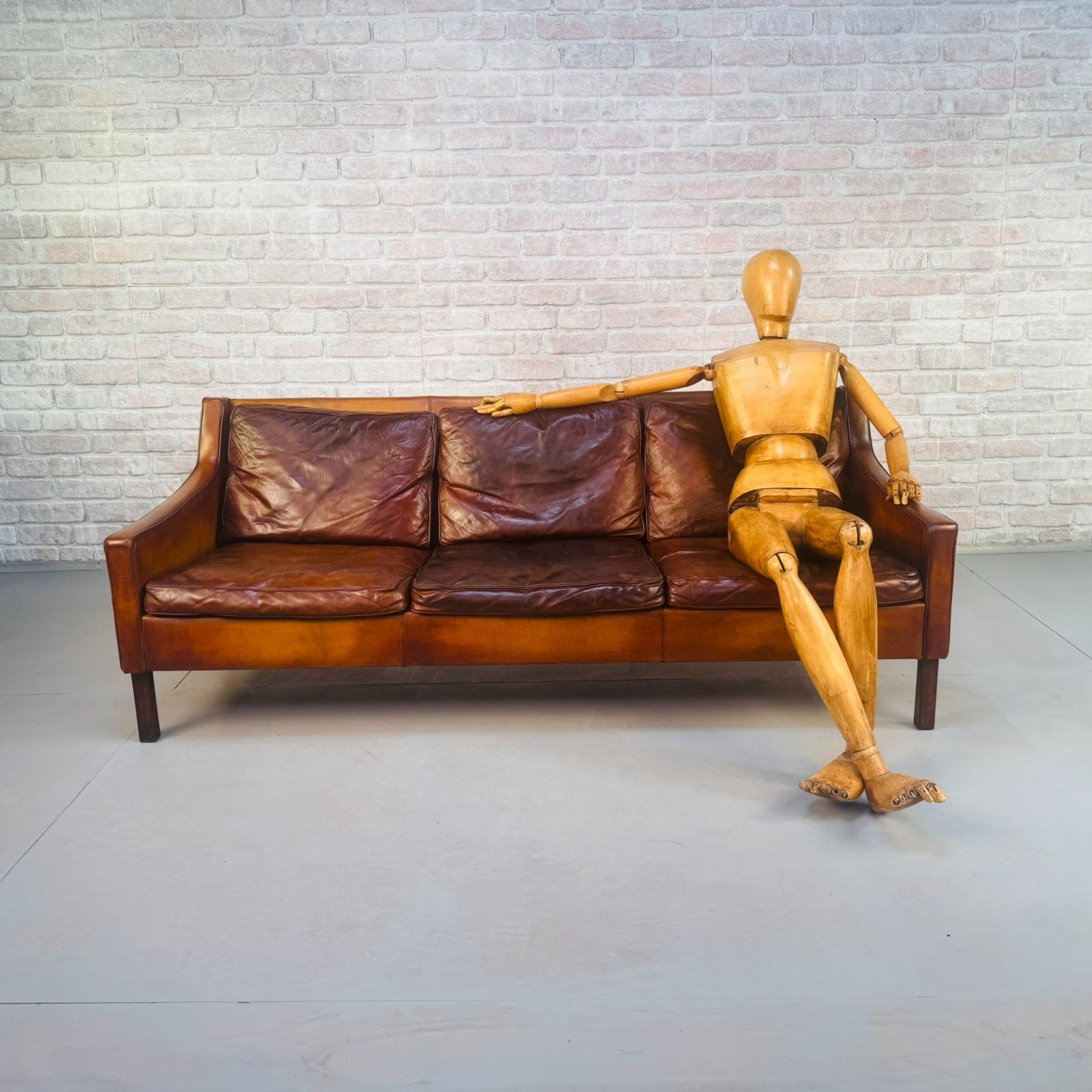 1960s Swedish Patinated Tan Leather 3-Seater Sofa – Dark Walnut Legs