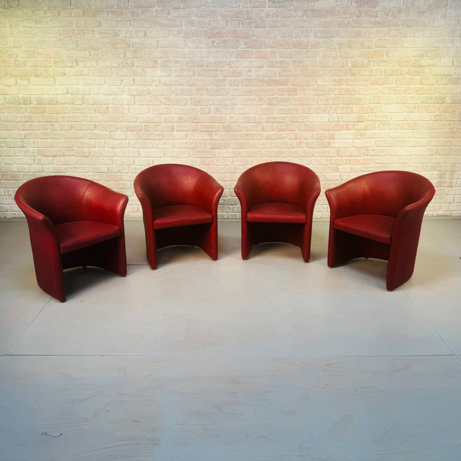 Set of Vintage Italian Red Faux Ostrich Leather Tub Chairs