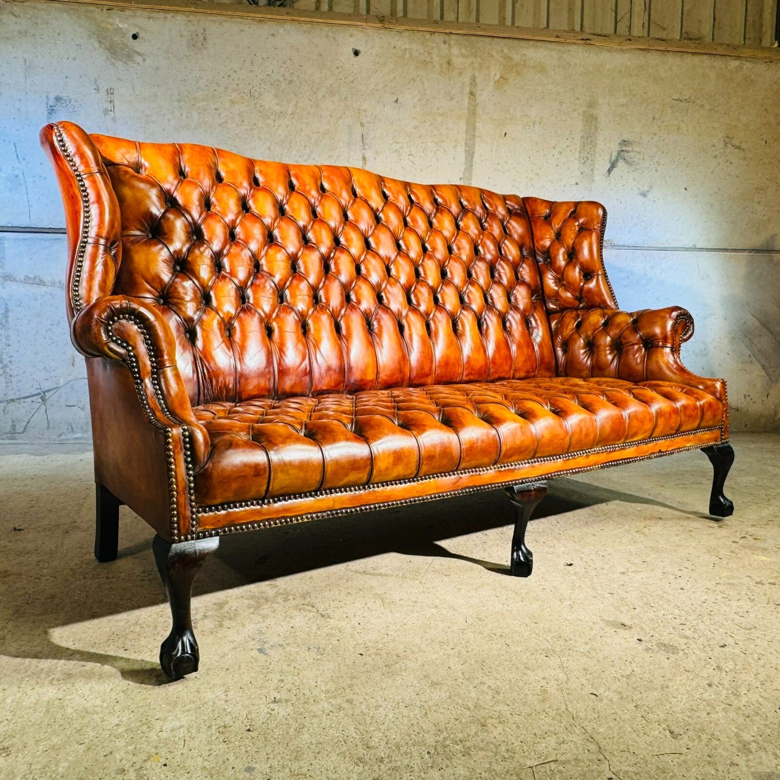 Beautiful Three Seater 19th C Tan Leather Chesterfield Sofa Fully Buttoned
