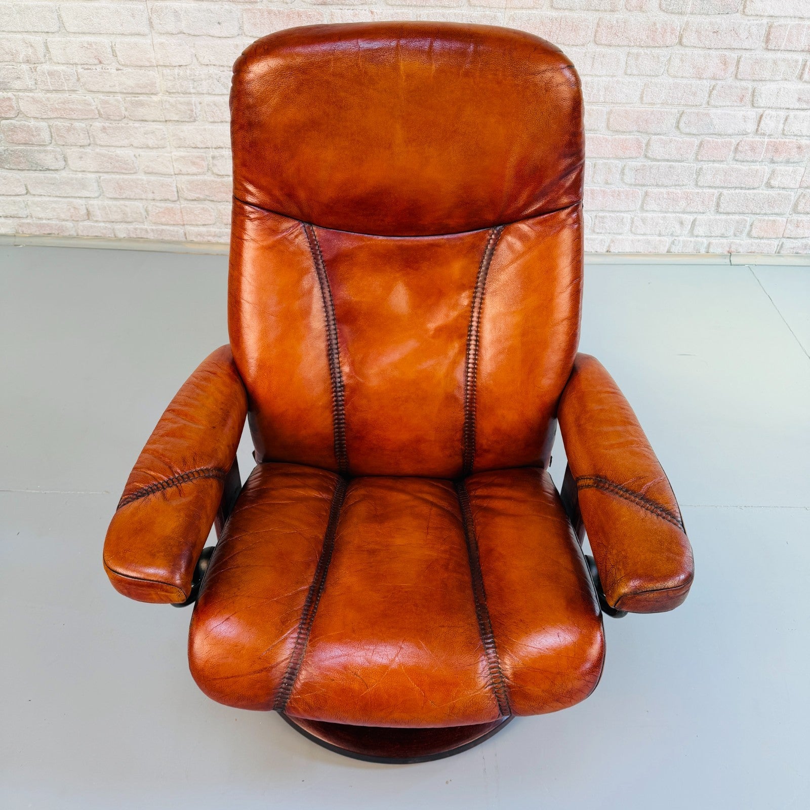 Vintage Danish Ekornes Reclining Swivel Armchair Tan Leather with Footstool