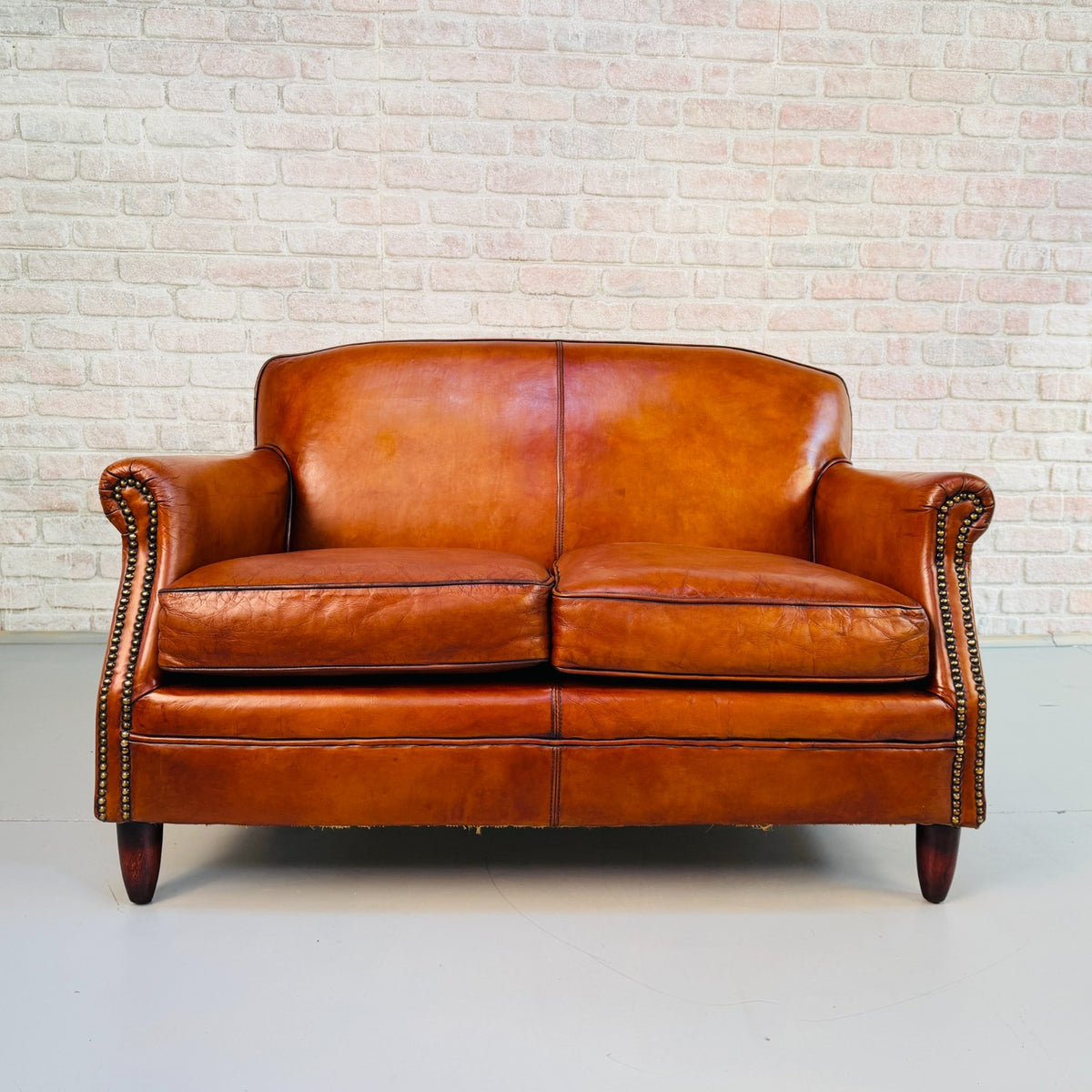 Vintage English Club Cognac Leather 2 Seater Sofa & Armchair Suite