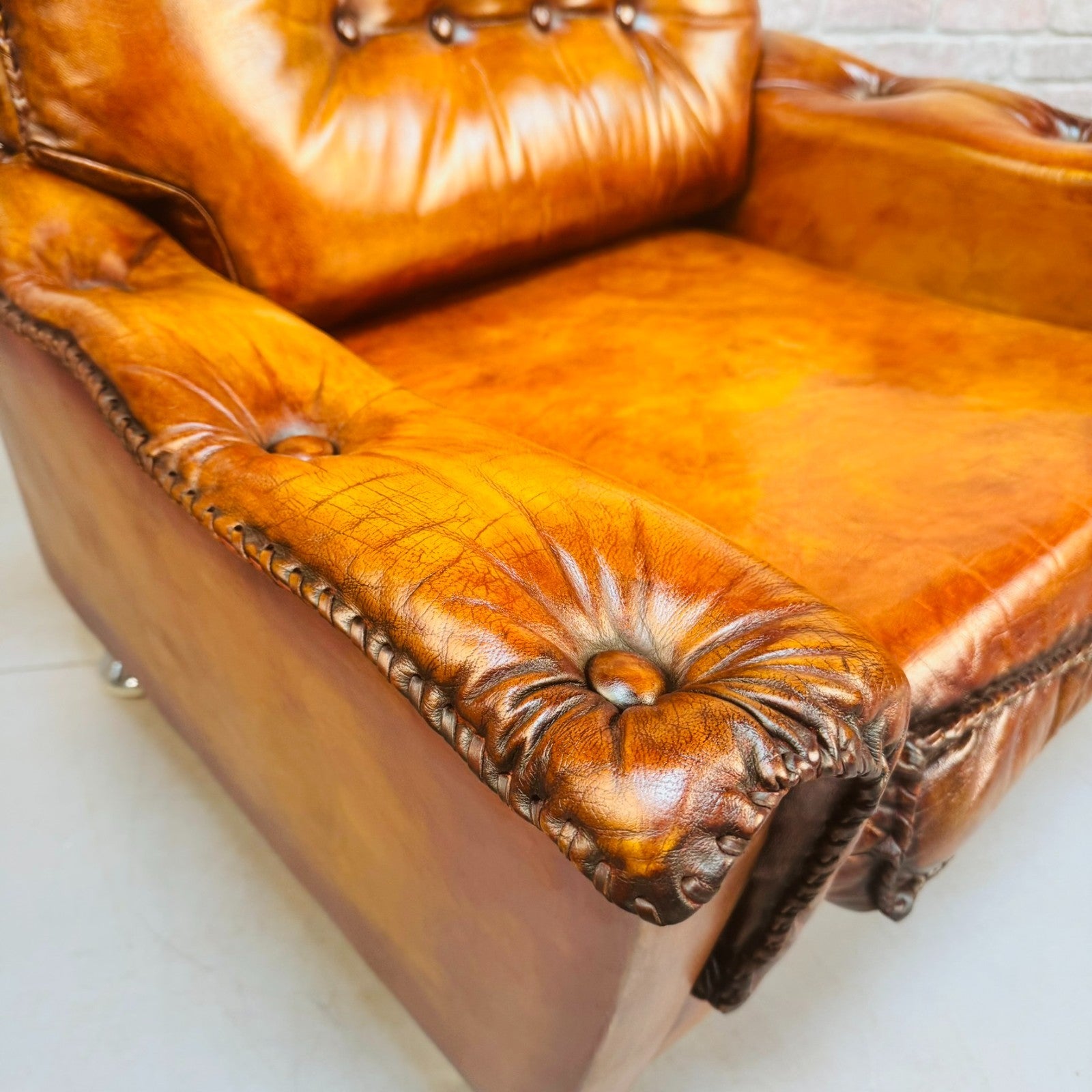 Vintage Danish Pair of Tan Leather Armchairs