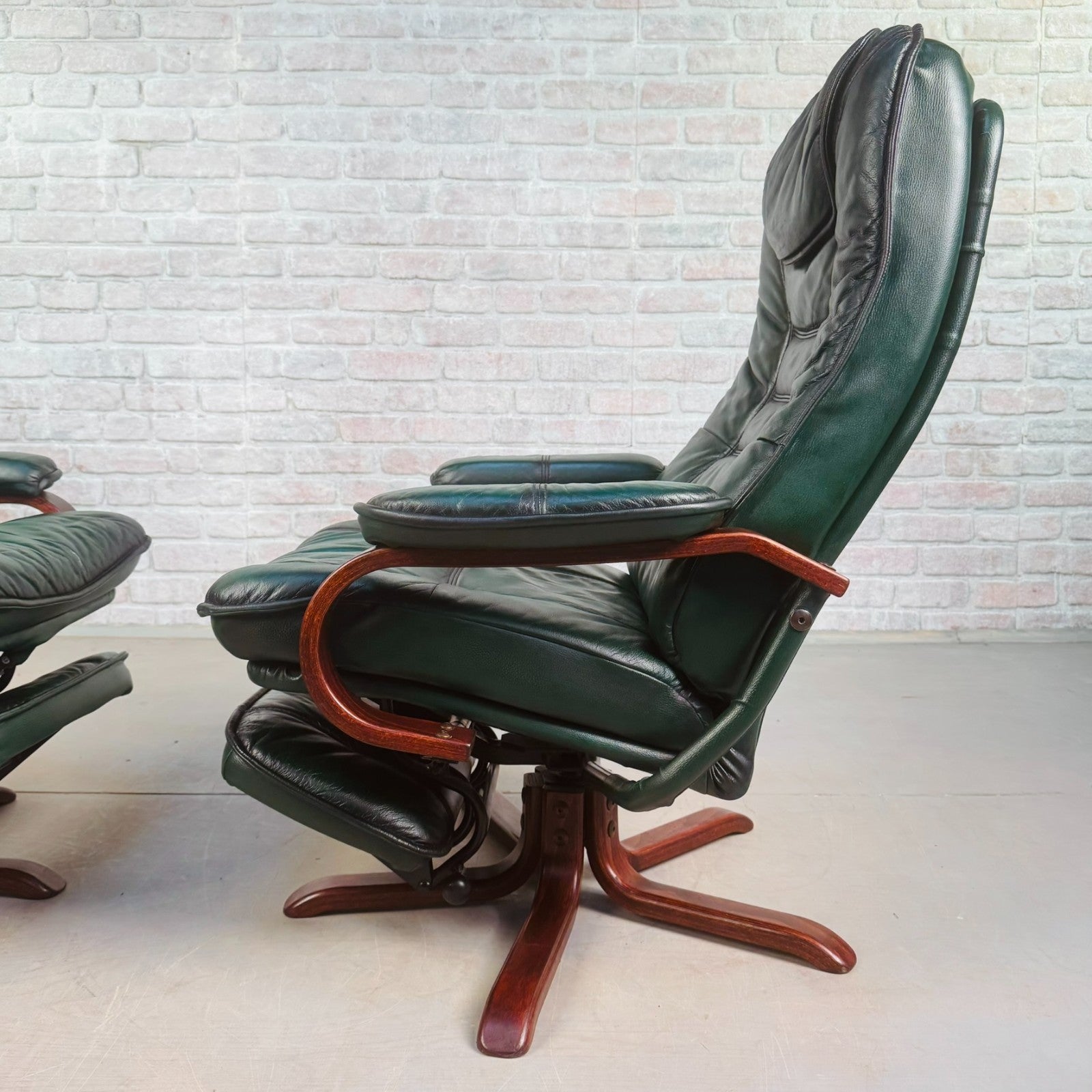 Vintage Pair of Norwegian Green Leather Reclining Swivel Chairs with Footstools