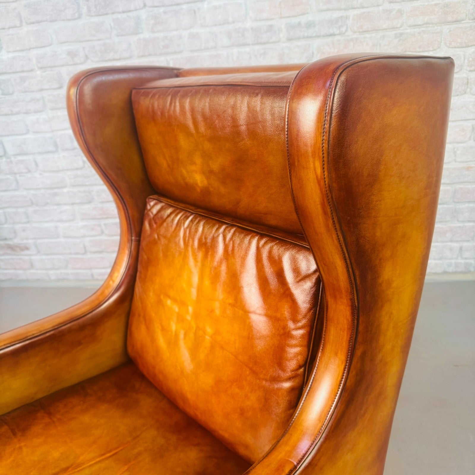 Vintage 1970s Danish High Back Tan Leather Armchair Mid Century Lounge Chair