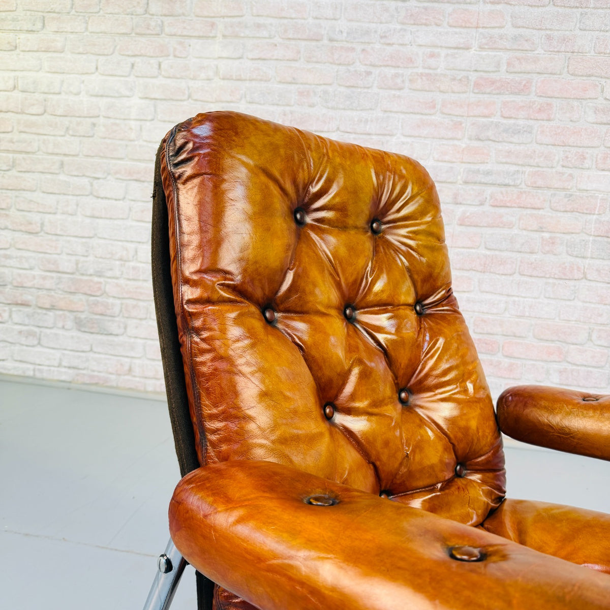 1970s Vintage Danish Tan Leather Swivel Recliner Armchair Chrome Frame