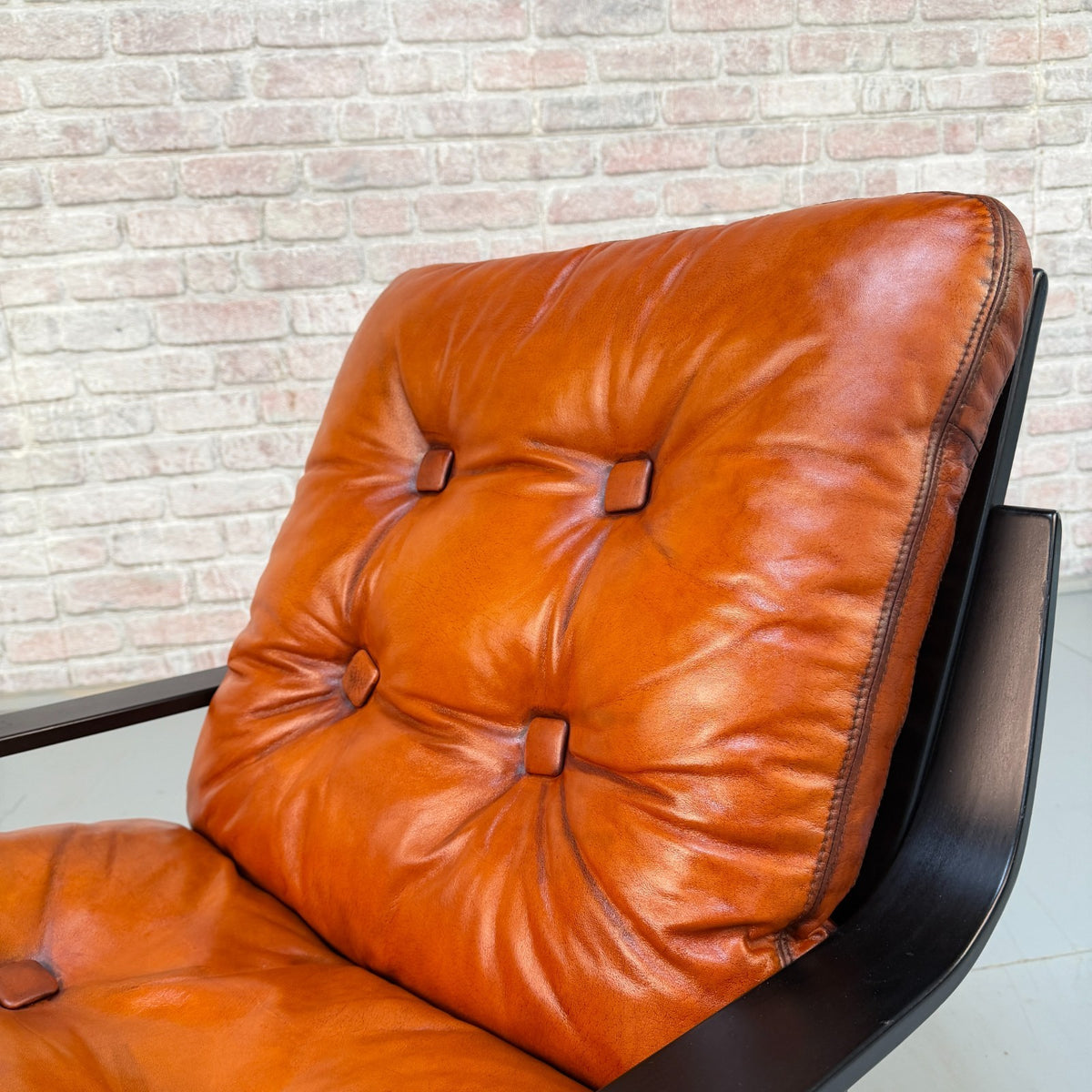 Vintage Danish Cognac Tan Leather Swivel Armchair Black Beech Frame