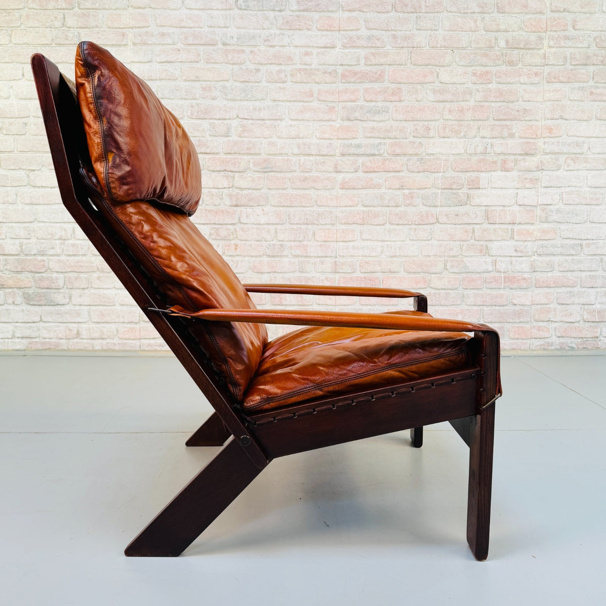 Vintage 1960s Danish Tan Leather Reclining High Back Armchair & Footstool