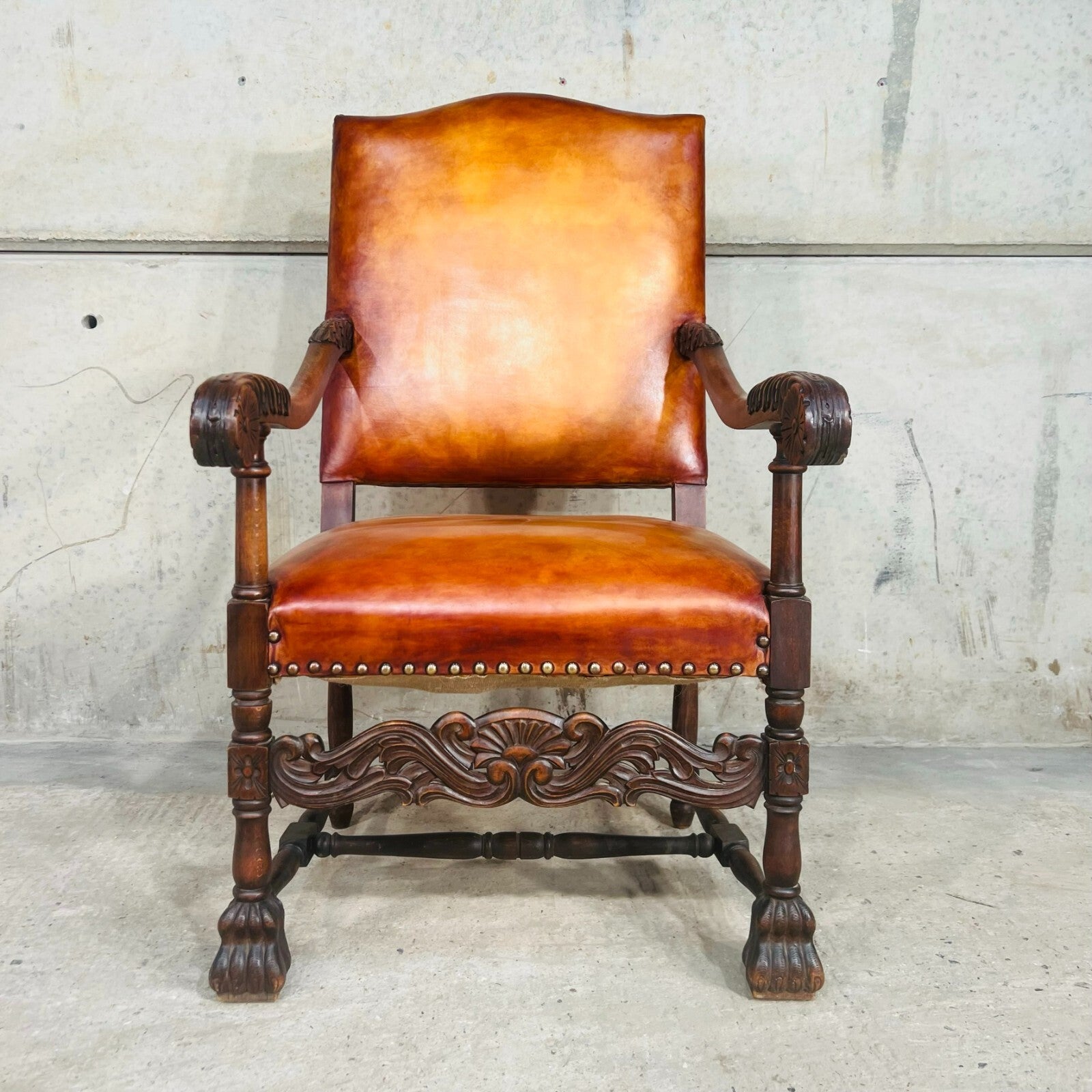 Cromwellian Revival Carved Oak and Leather Armchair Carver Chair
