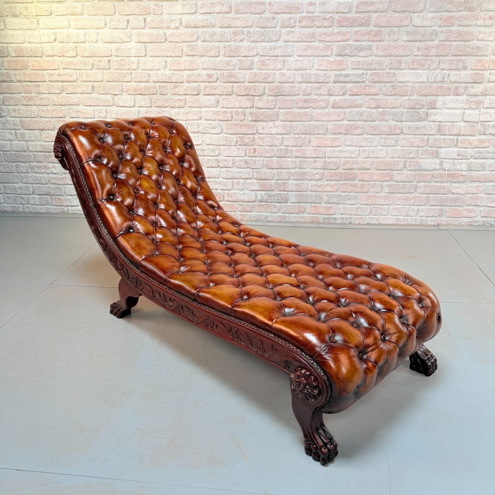 Decorative Chesterfield Style Tan Hand-Dyed Leather Chaise Lounge