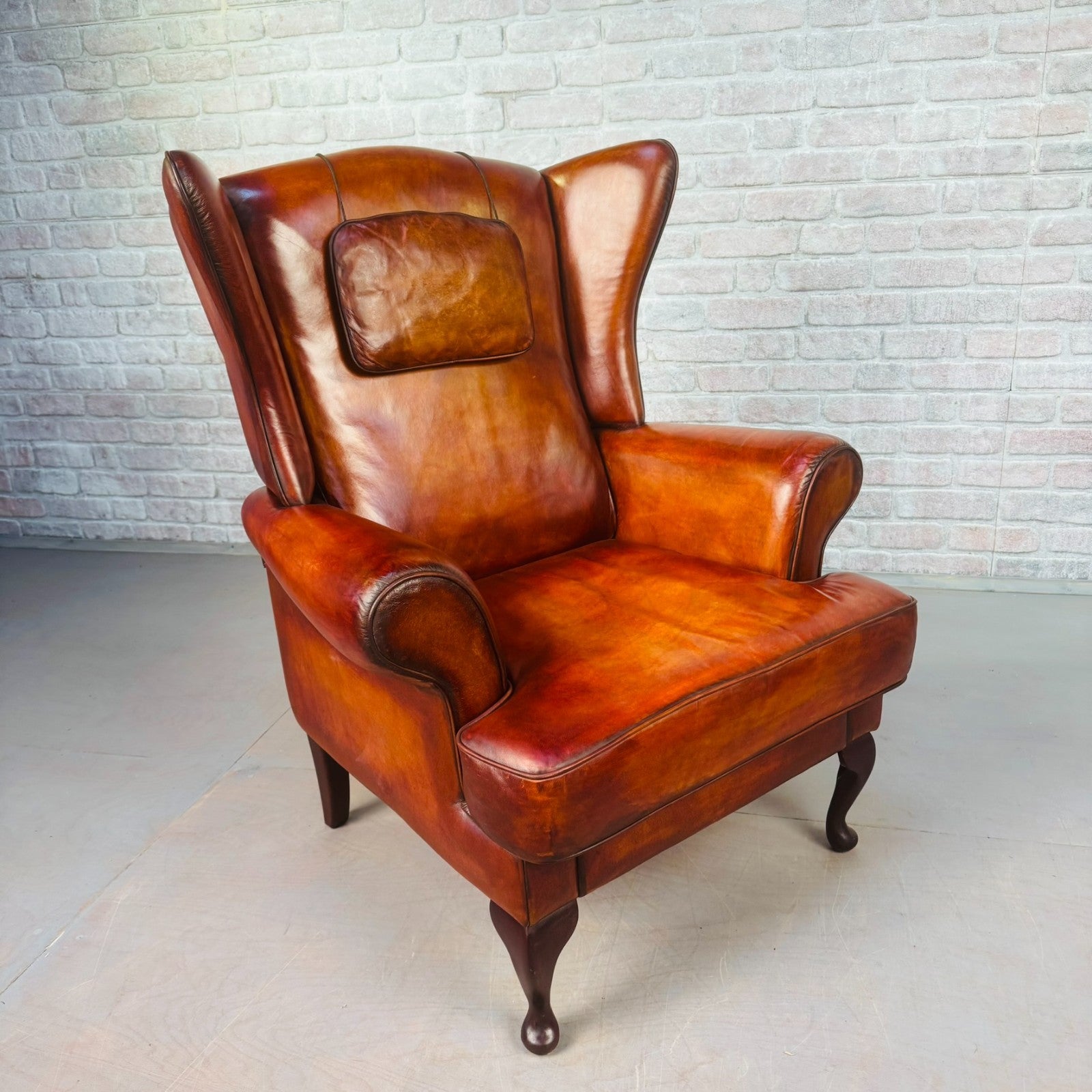 Vintage Danish Wingback Tan Leather Chair & Footstool