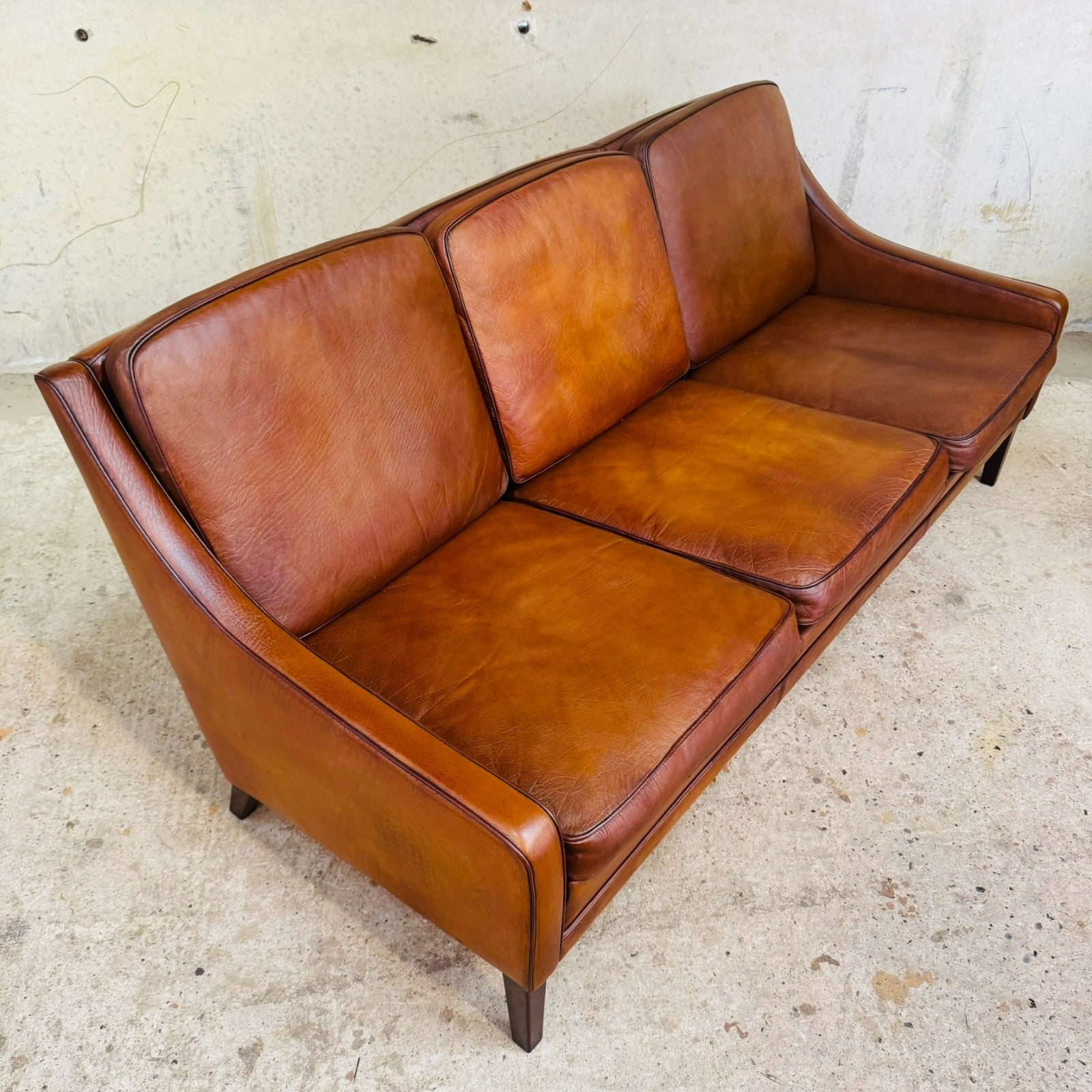 Vintage 1960s Danish Tan Leather Three-Seater Sofa
