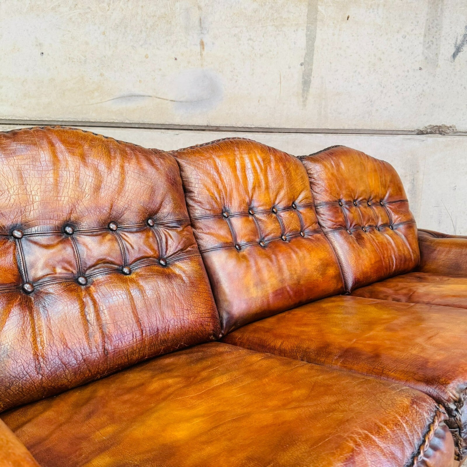 1970s Danish Rustic Tan Leather Three-Seater Sofa – Full Grain Buffalo