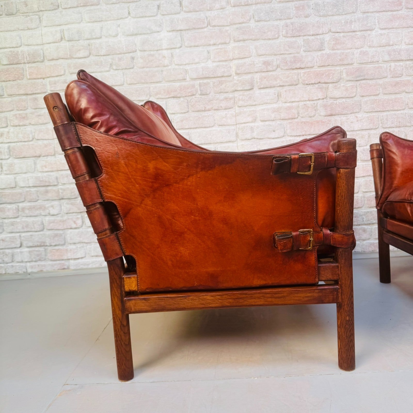 Vintage Swedish 60s Arne Norell “Ilona” Tan Leather Sofa & Pair of Safari Chairs
