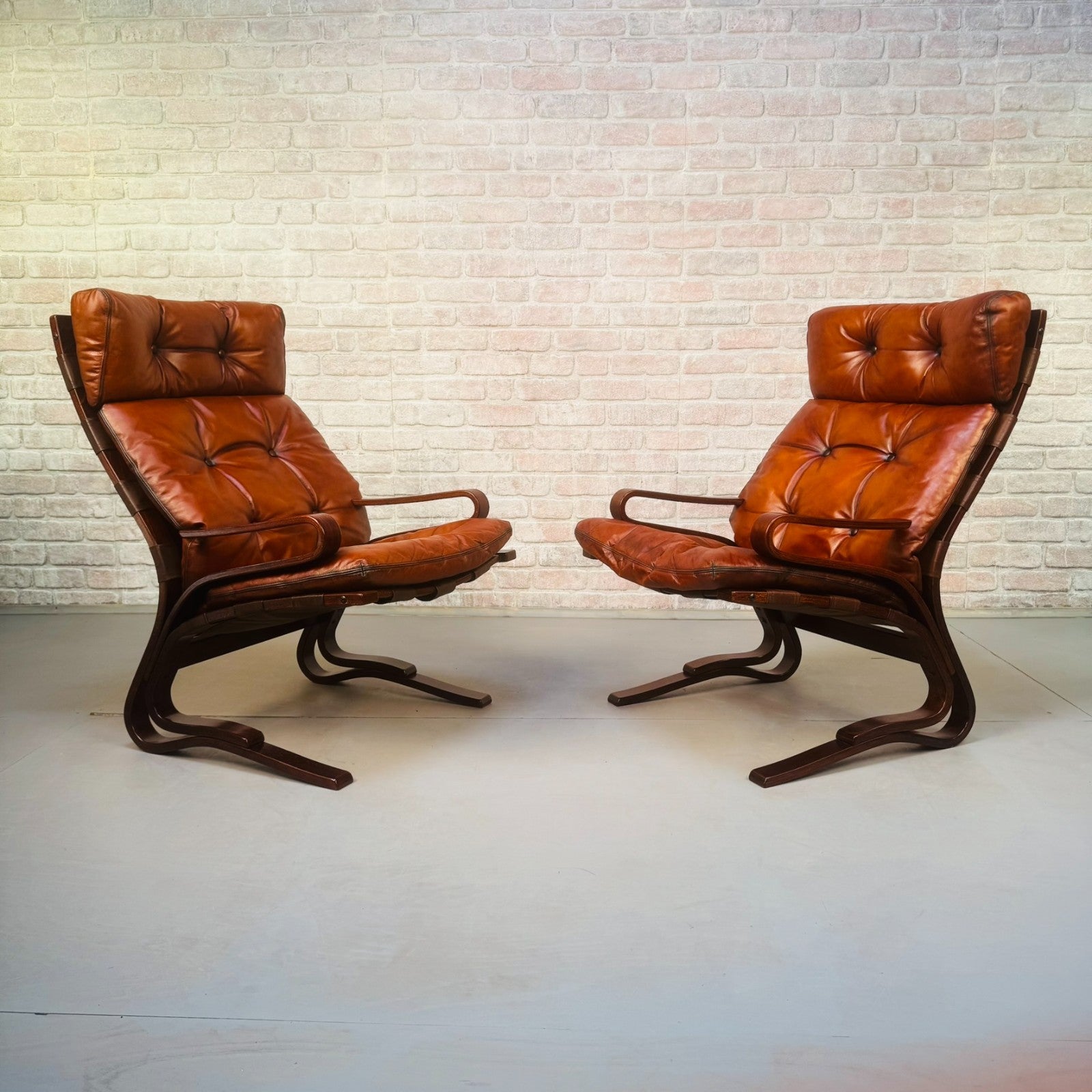 Vintage 1970s Hove Mobler Skyline Lounge Chairs Tan Leather Bentwood Beech