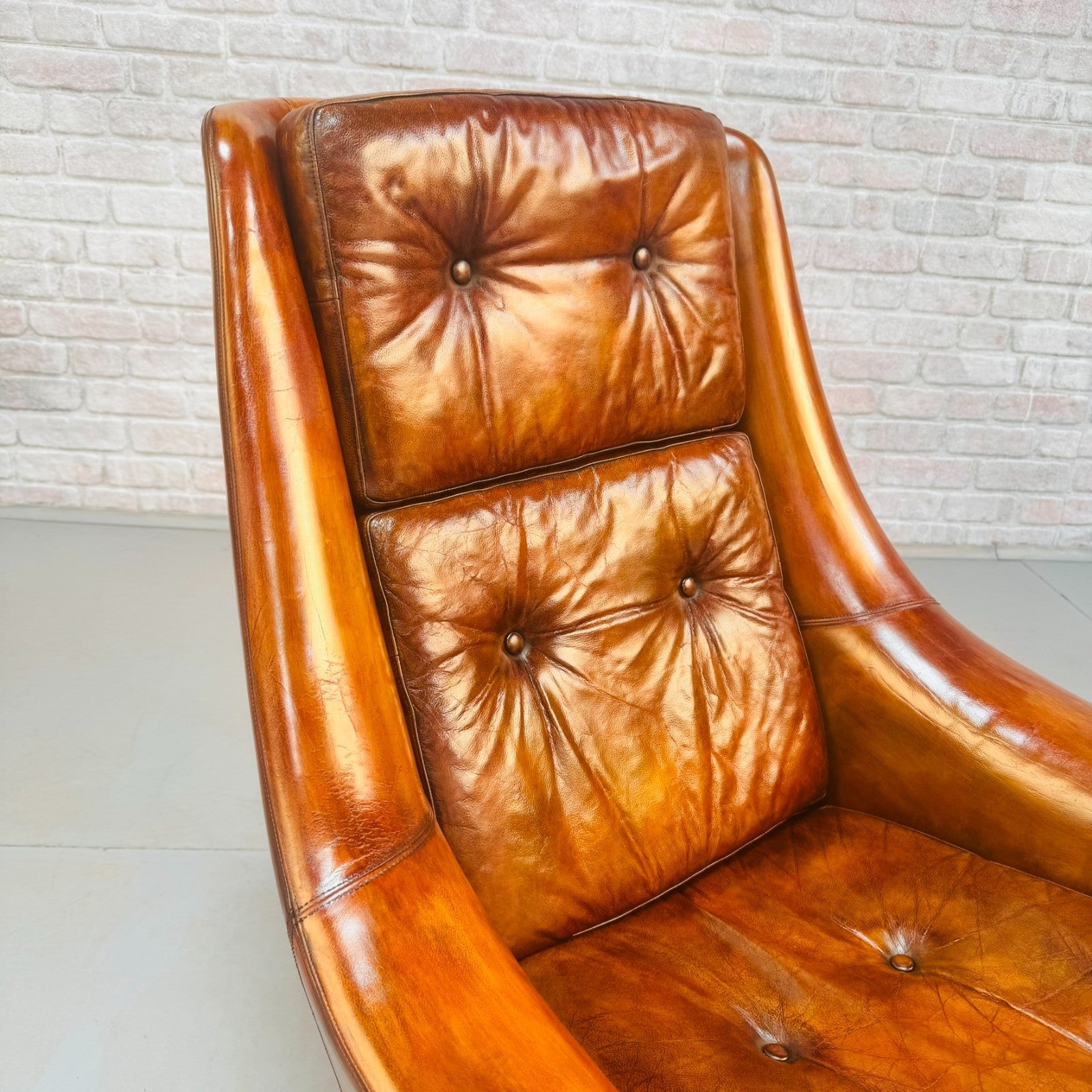 Vintage 1970s Danish Swivel Tan Leather Egg Chair Armchair