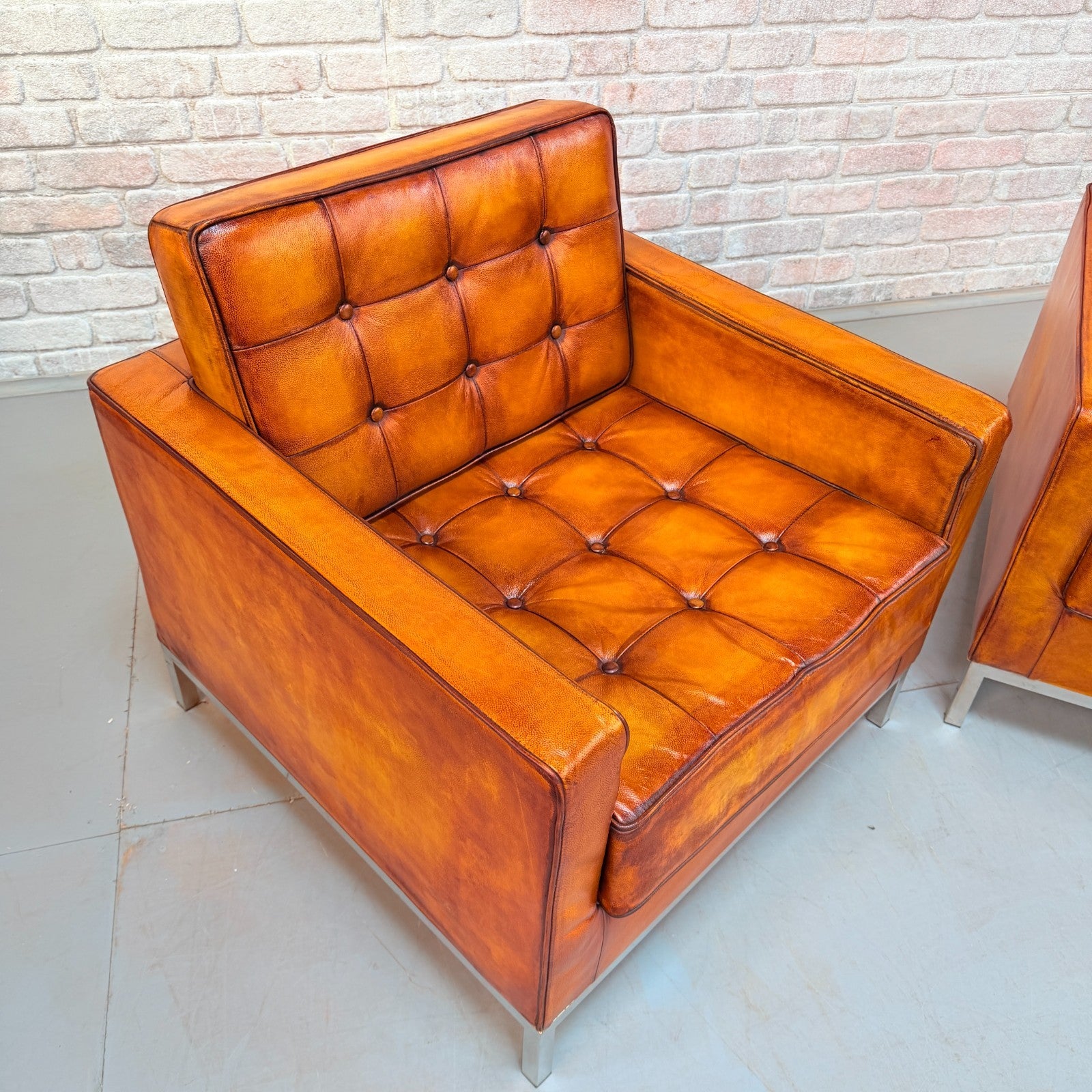 Vintage Pair of Florence Knoll Style Tan Leather Armchairs