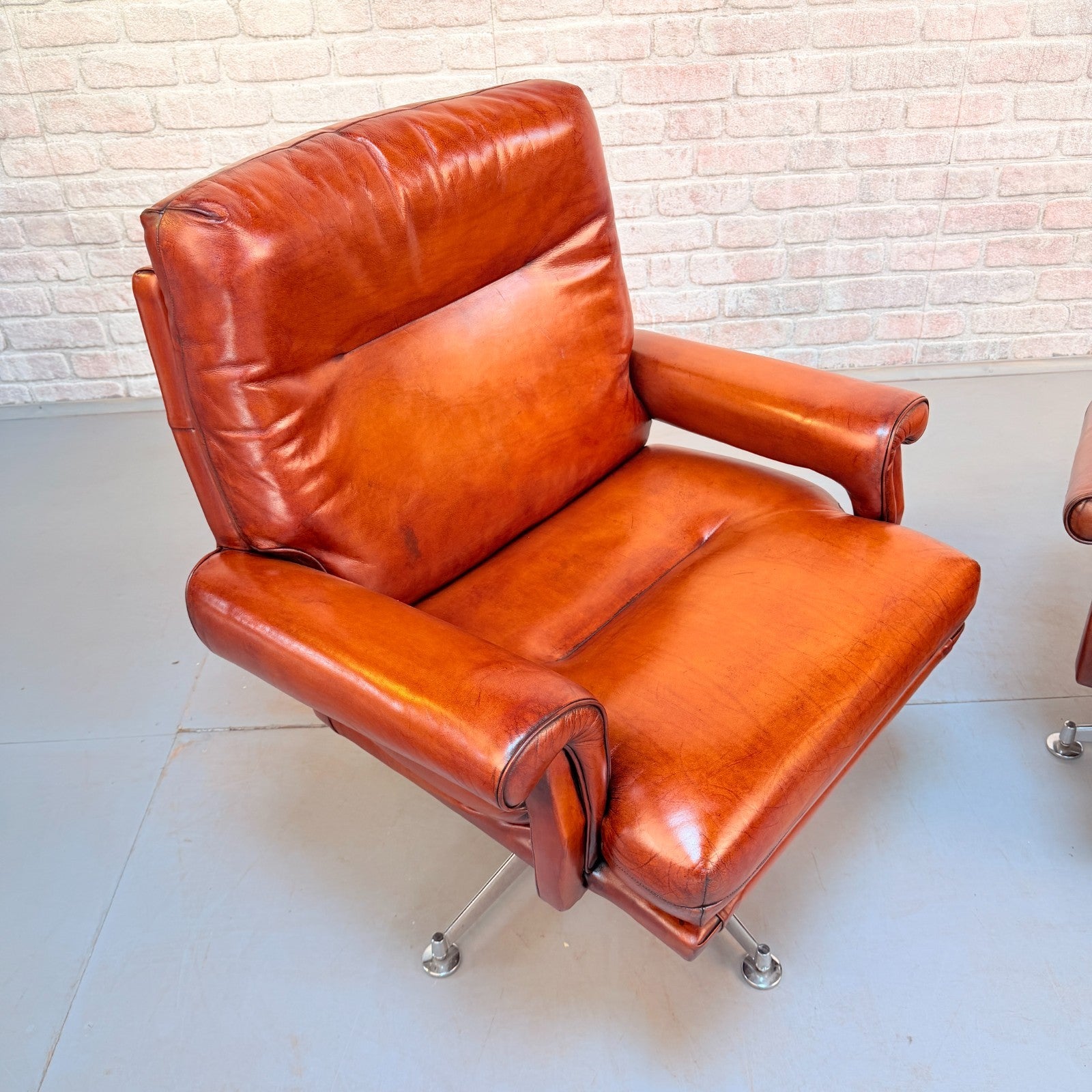 Pair 1970s Howard Keith His & Hers Cognac Leather Swivel Armchairs Vintage