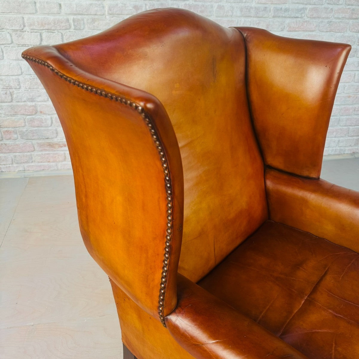 Vintage George III Style English Tan Leather Wingback Chair c.1940
