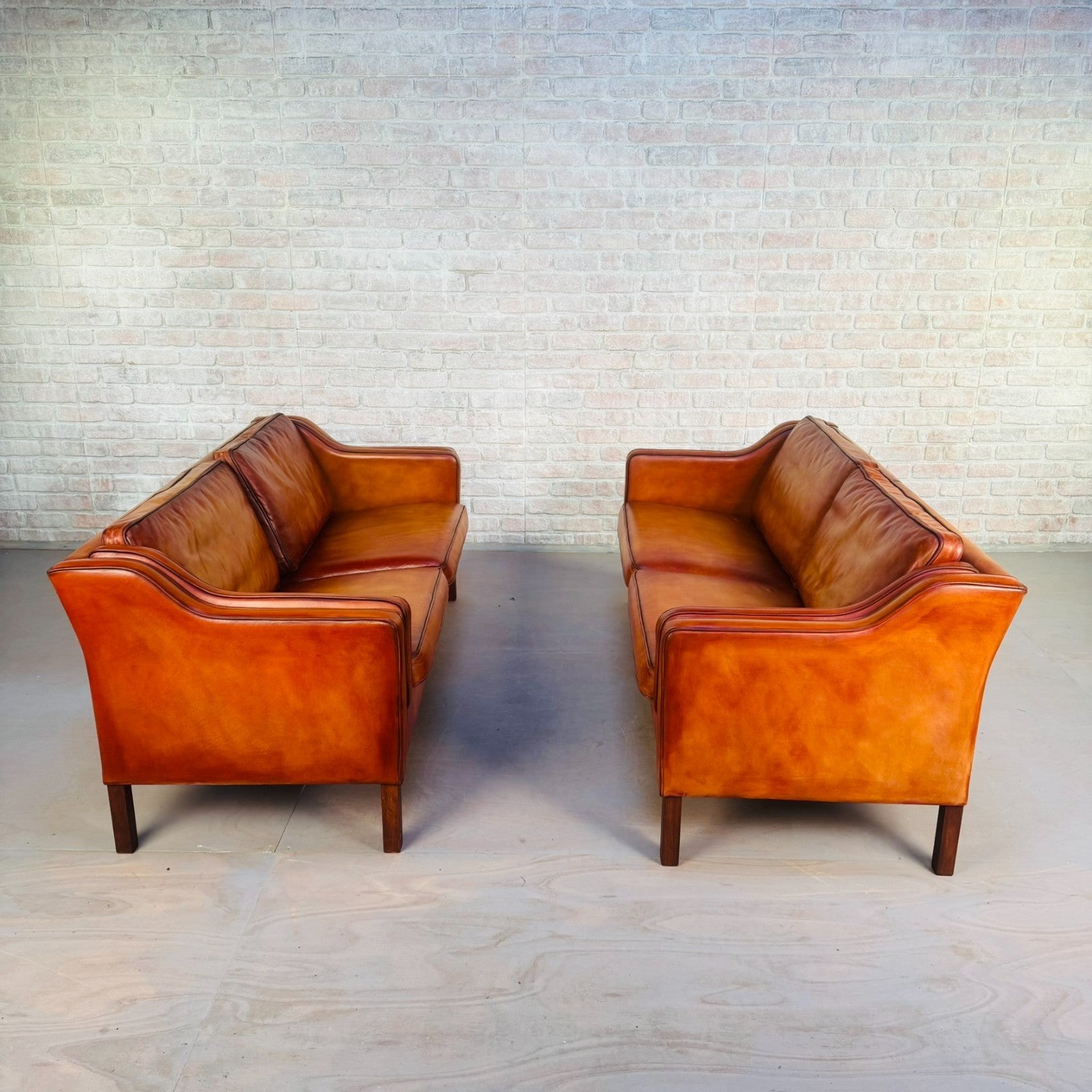 Stylish Pair of Vintage Danish Tan Leather 2.5 Seater Sofas