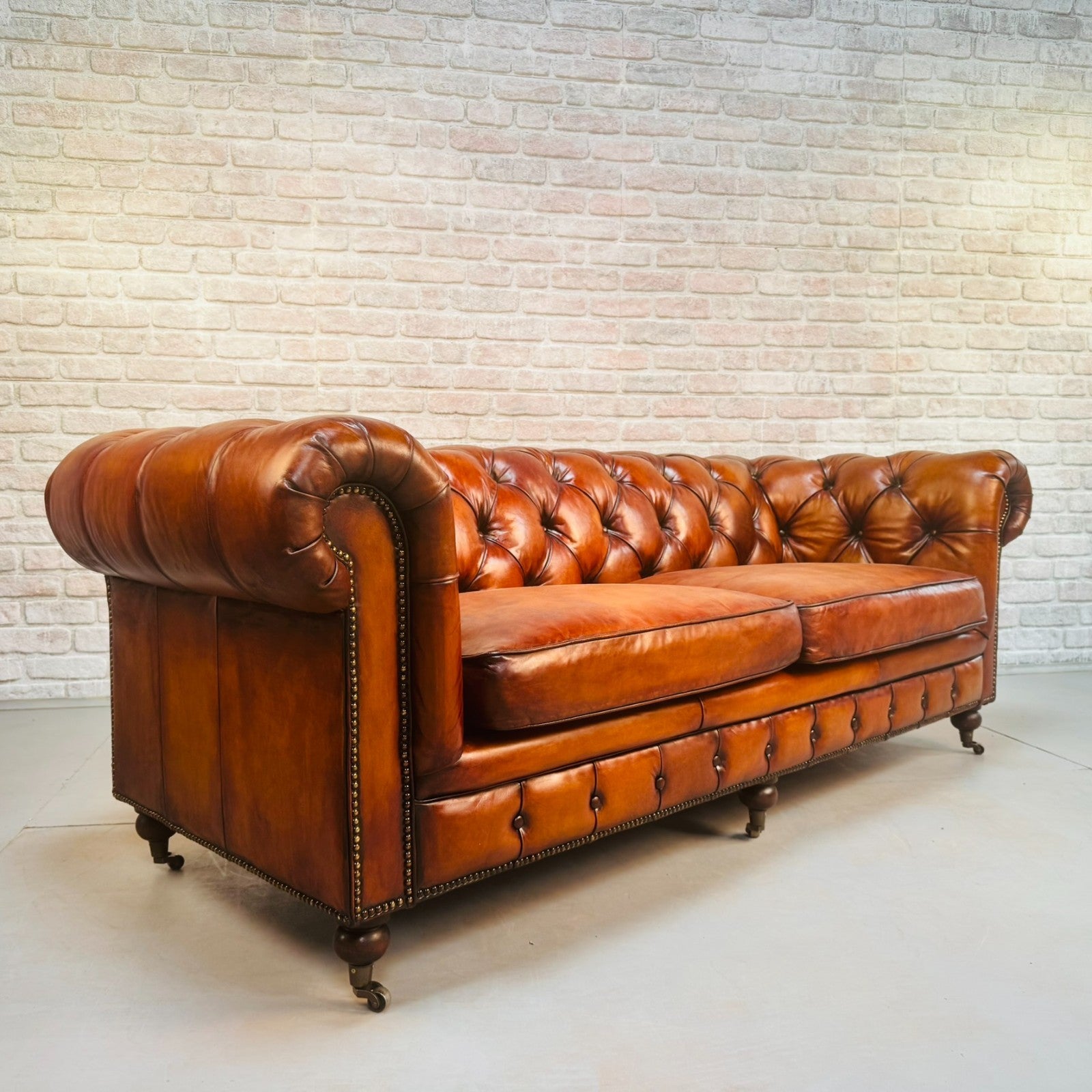 Vintage English Three Seater Tan Leather Chesterfield Sofa