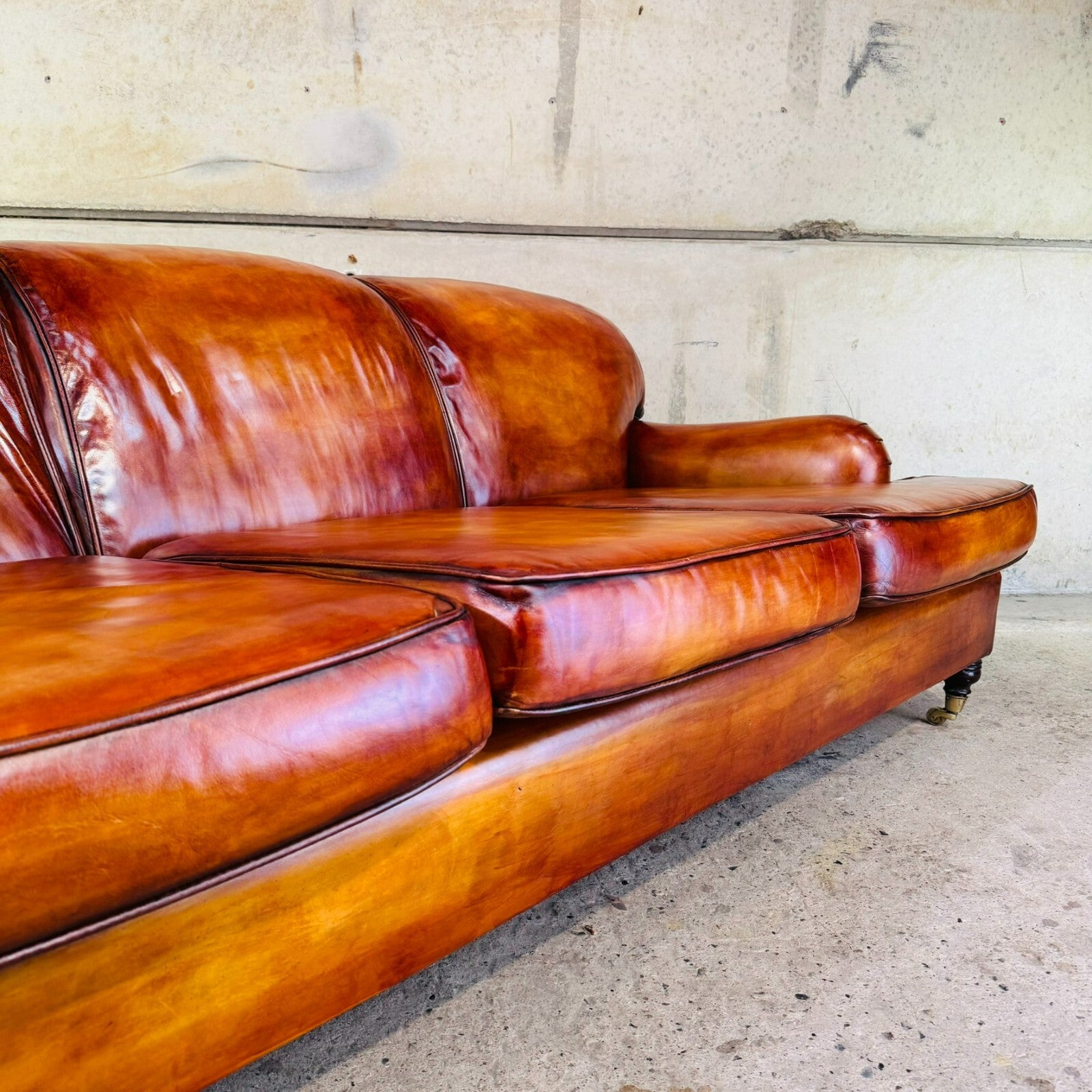 Vintage English Howard & Sons Bridgewater-Style 3-Seater Tan Leather Sofa