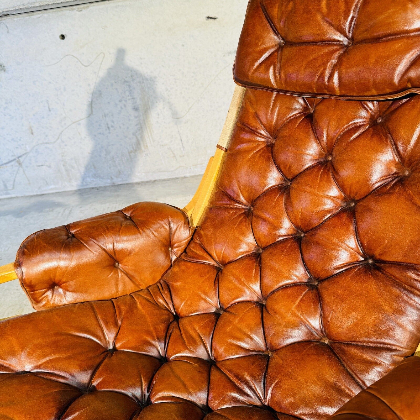 Stylish Swedish 1970s Tan Leather And Canvas Armchair and Footstool