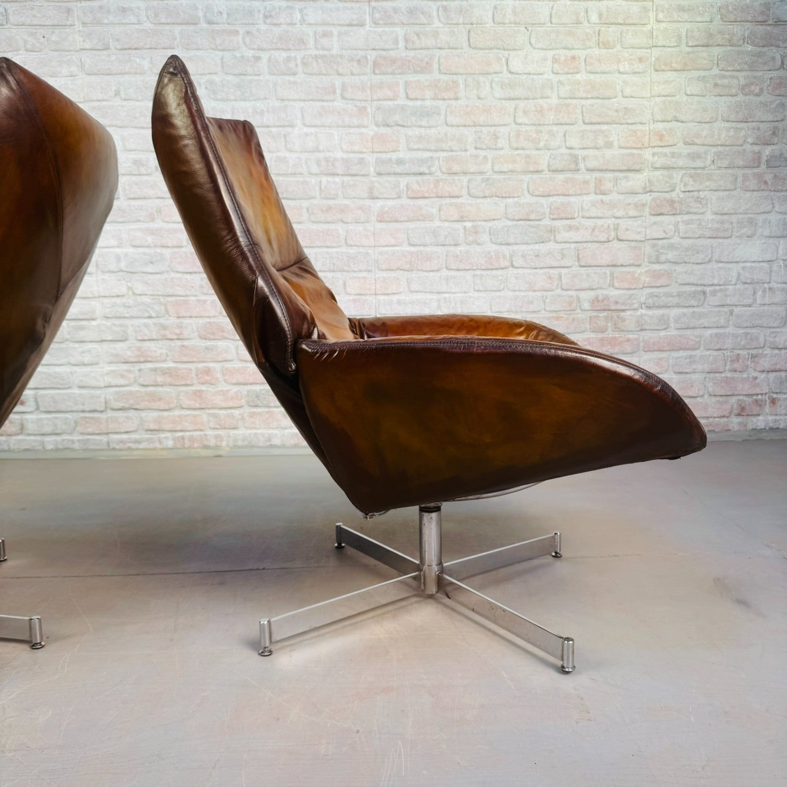 Stylish Vintage Danish Tan Leather Swivel Reclining Armchairs – Beautiful Patina
