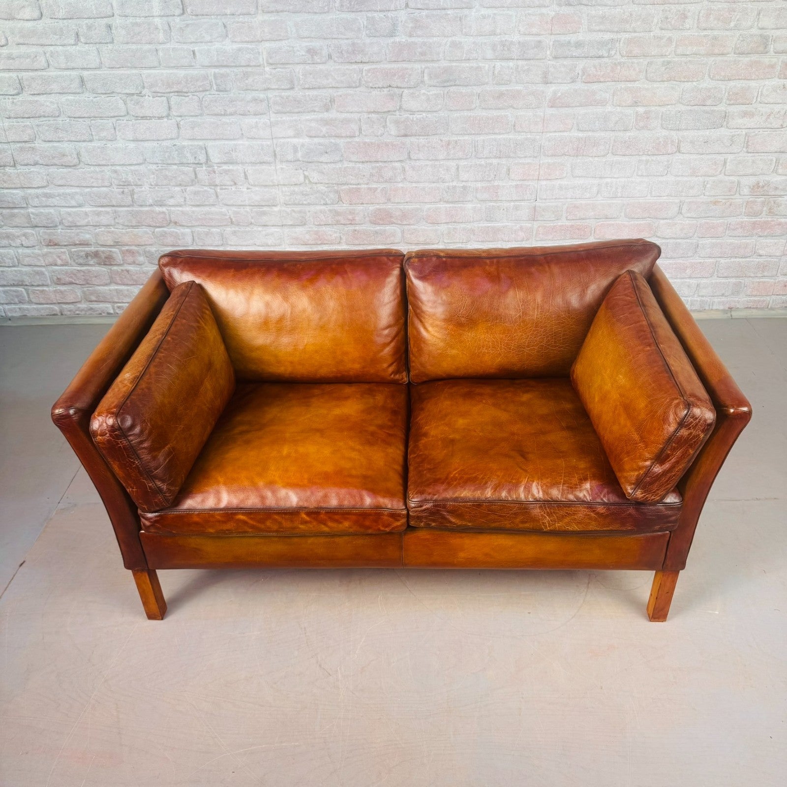 Vintage Stouby Tan Two-Seater Sofa Danish Buffalo Leather Feather Cushions