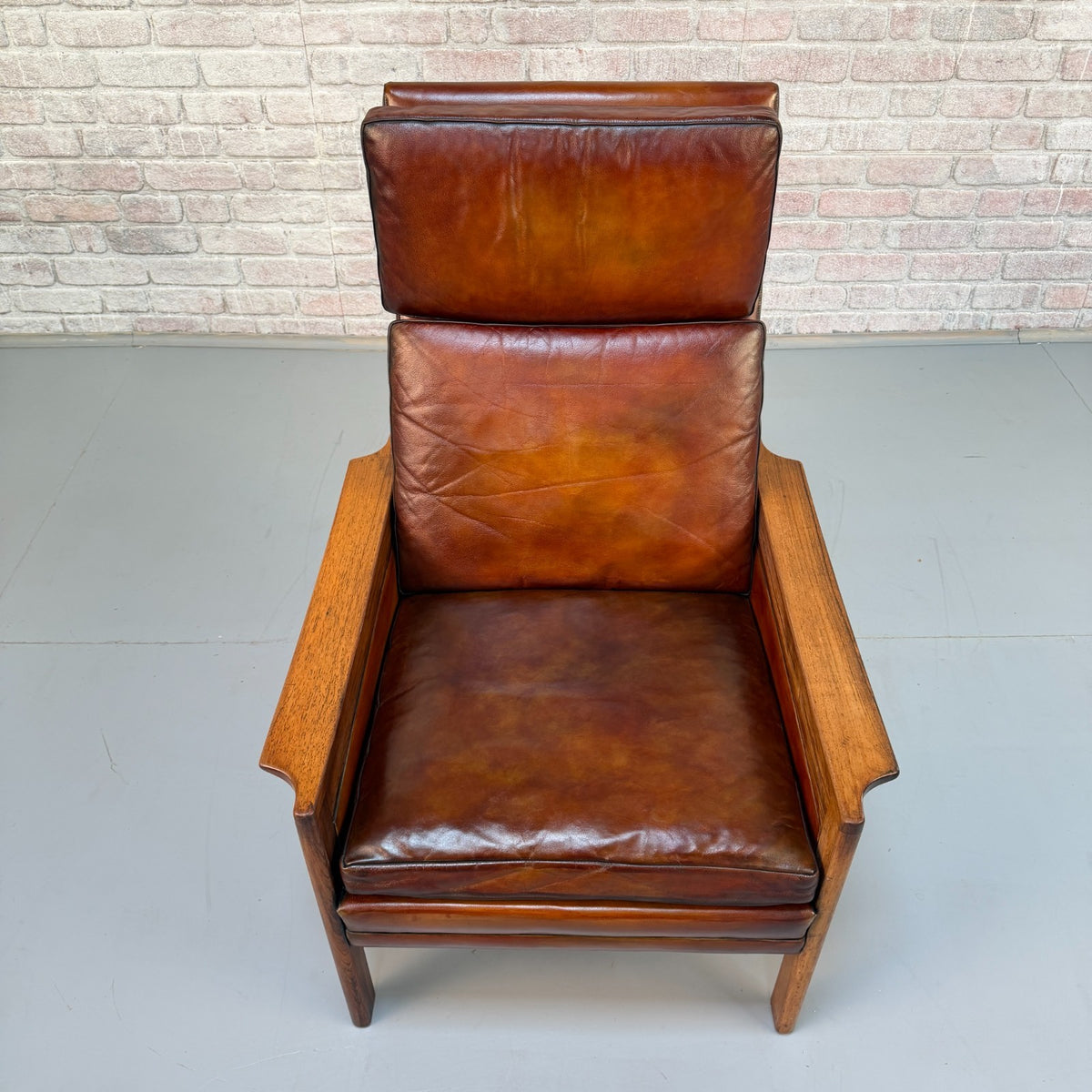 Vintage 1970s Danish Tan Leather High Back Armchair – RoseWood Frame