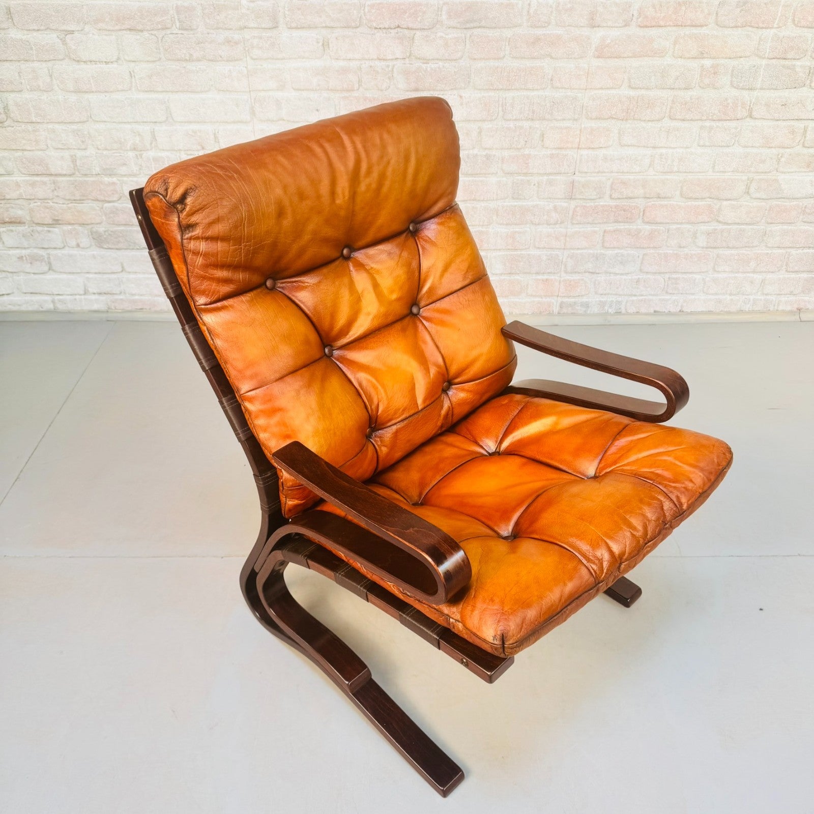 Vintage Danish Einar Hove Skyline Bentwood  Tan Buffalo Leather Armchair