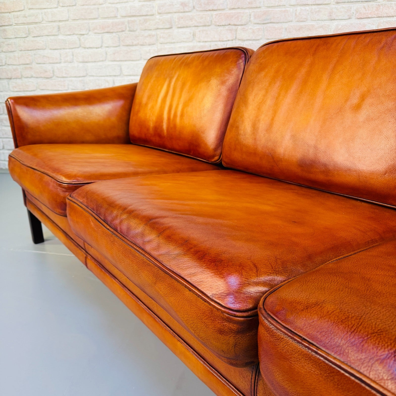 Vintage 1970s Danish Mogens Hansen Long Tan Leather Three Seater Sofa