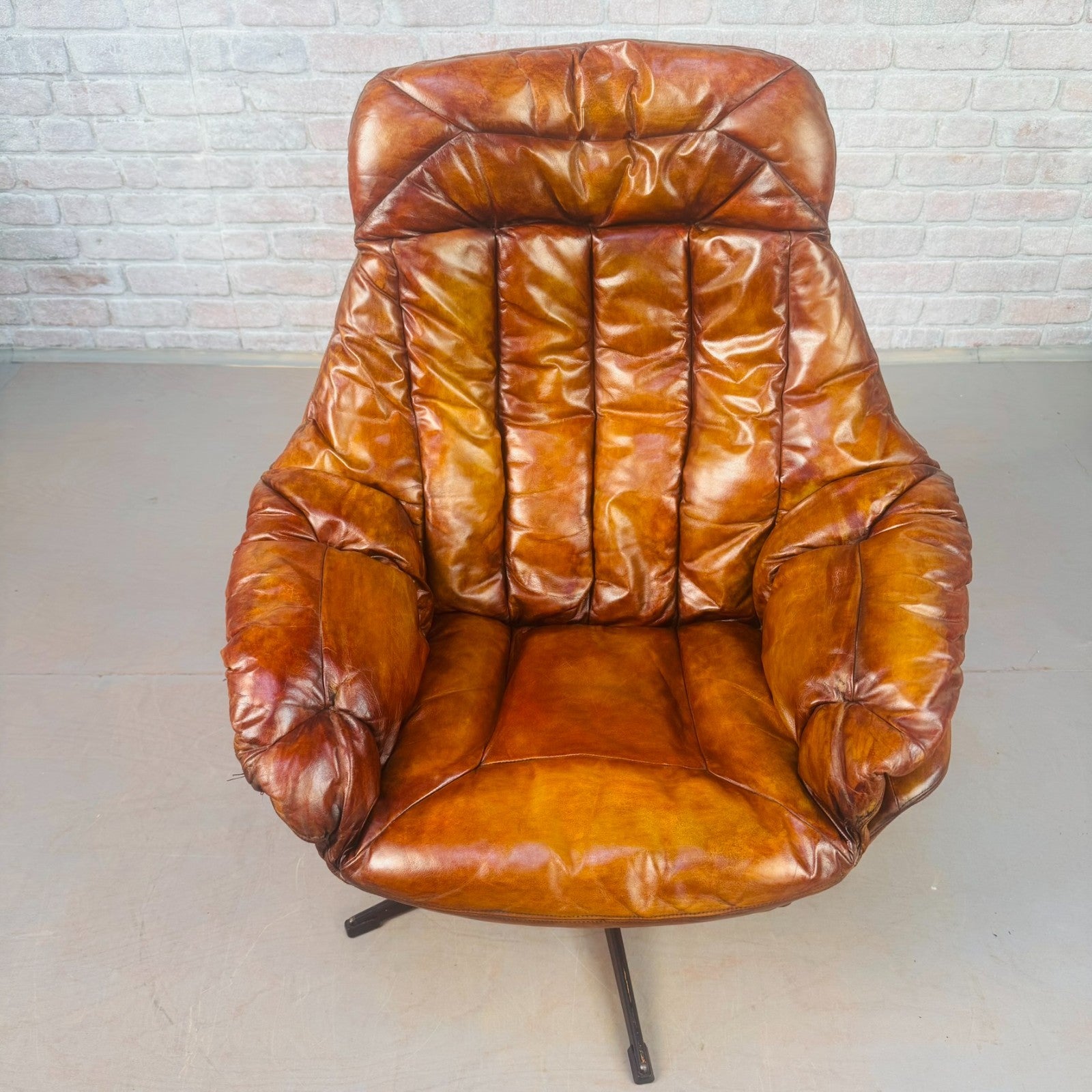 Vintage Danish H.W. Klein Egg Chair by Bramin Tan Leather Swivel Mid Century