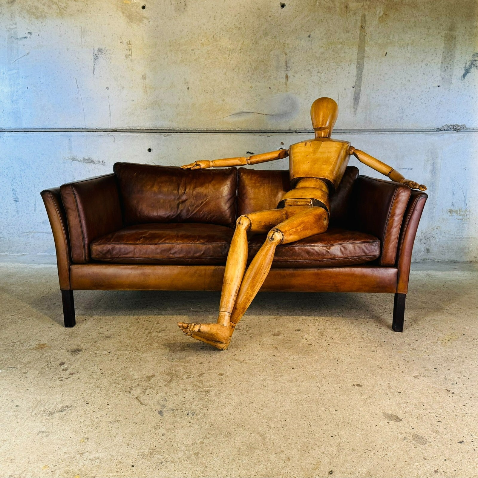 Vintage 1970s Stouby Tan Leather 2.5 Seater Sofa Børge Mogensen Style