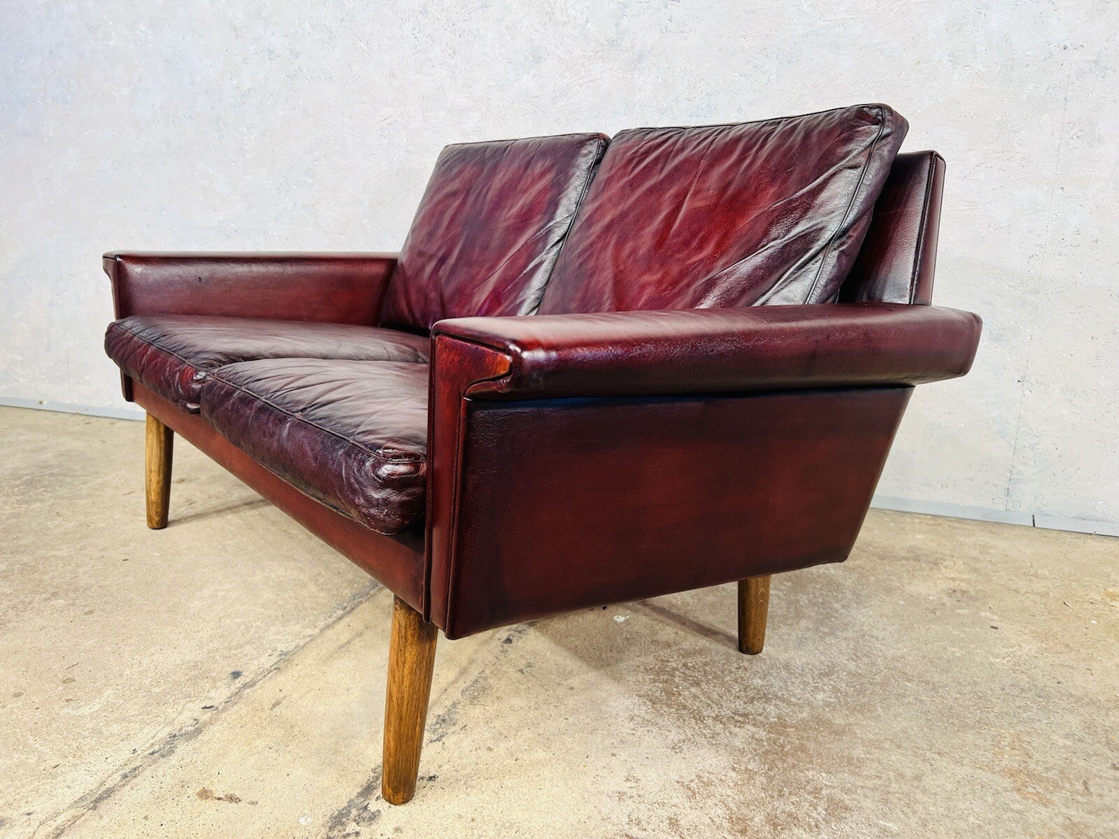 Vintage Svend Skipper Danish 1970 Deep Cherry Leather Two-Seater Leather Sofa