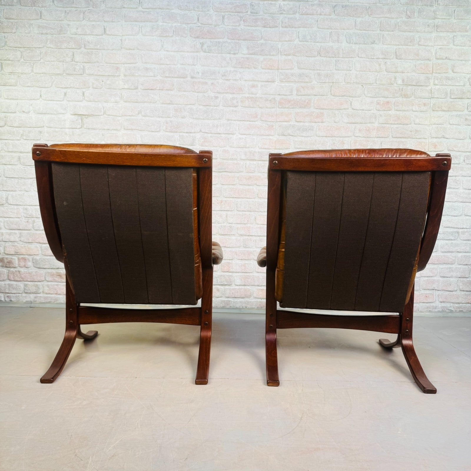 Pair of Vintage Danish Tan Leather Armchairs High Back Mid Century Chairs