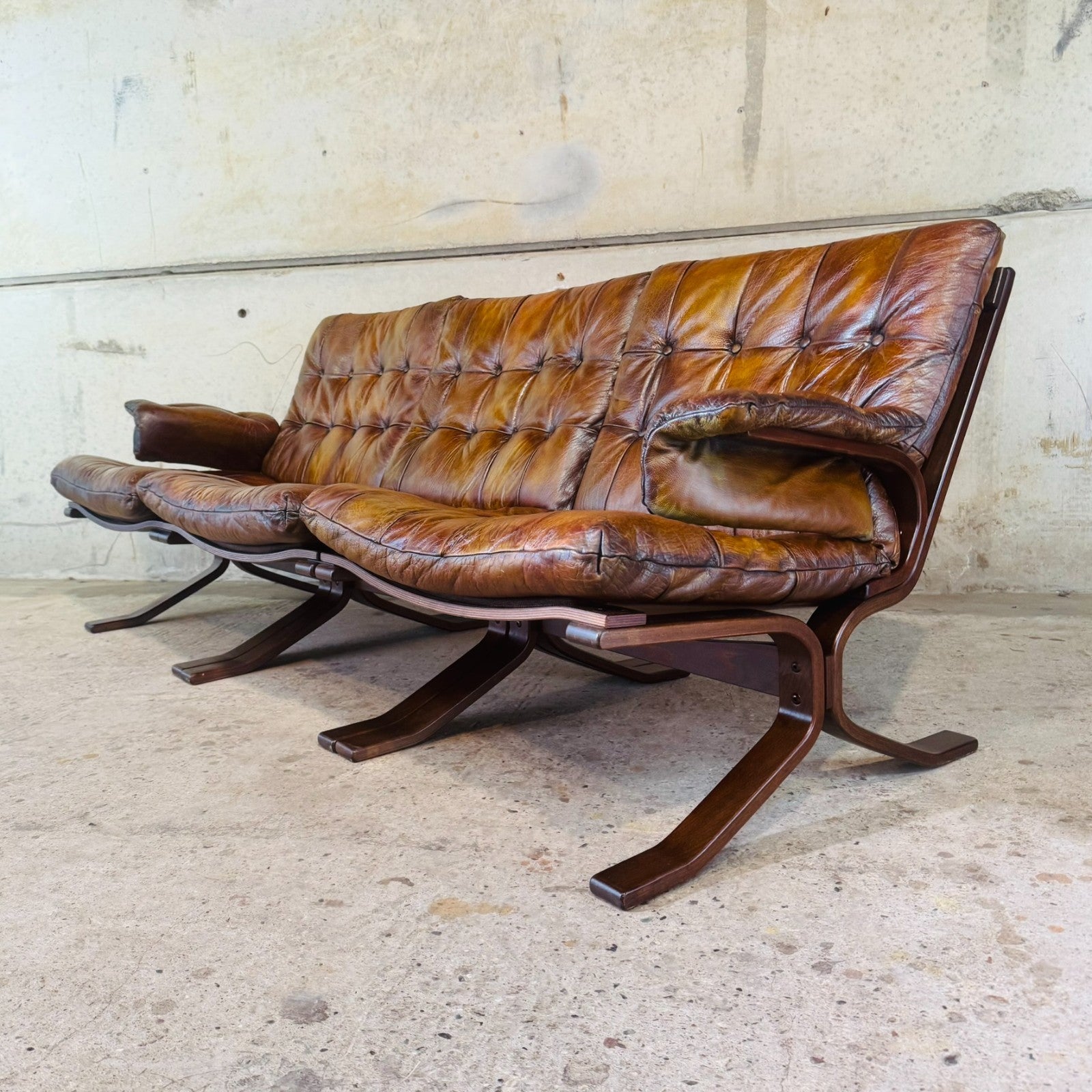 1970s Norwegian Tan Leather Three-Seater Sofa — Rustic Bentwood Frame