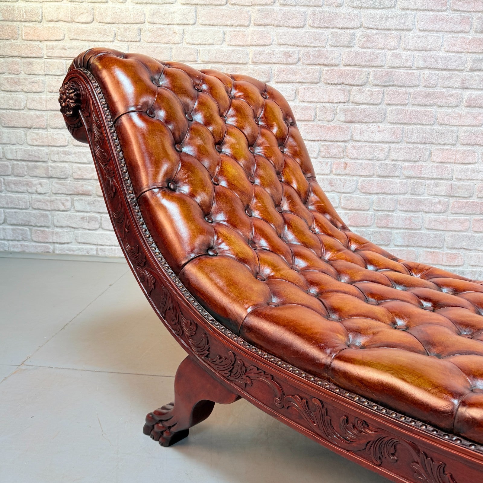 Decorative Chesterfield Style Tan Hand-Dyed Leather Chaise Lounge