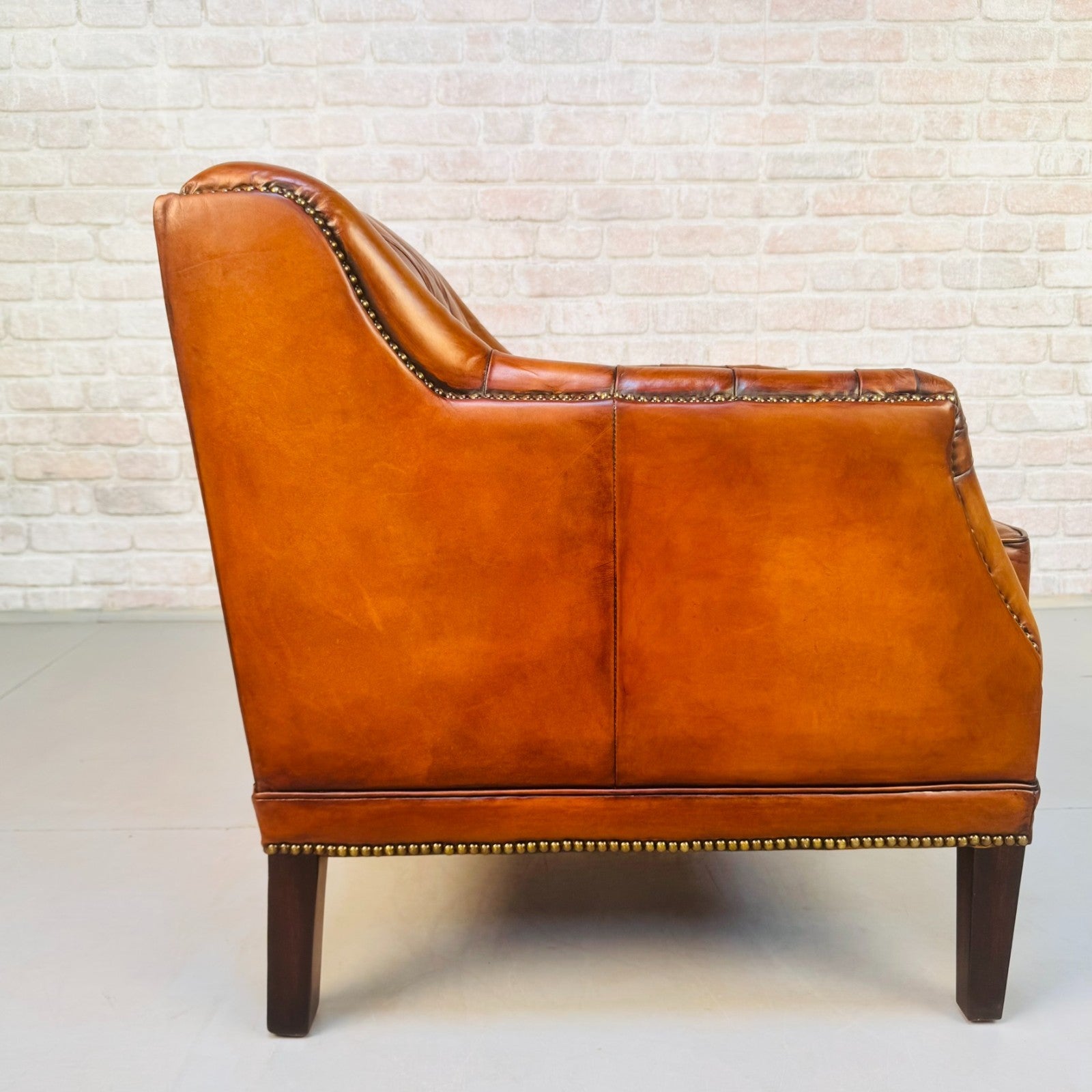 Vintage Chesterfield Armchair & Footstool Tan Leather Cognac Lounge Chair